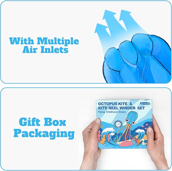 Octopus Kites for Kids & Adults Easy to Fly, 24”x 158” Large Soft Kite Kit for Boys and Girls, Single Line 3D Beach Kite Set for Teens,Perfect for Outdoor Activities
