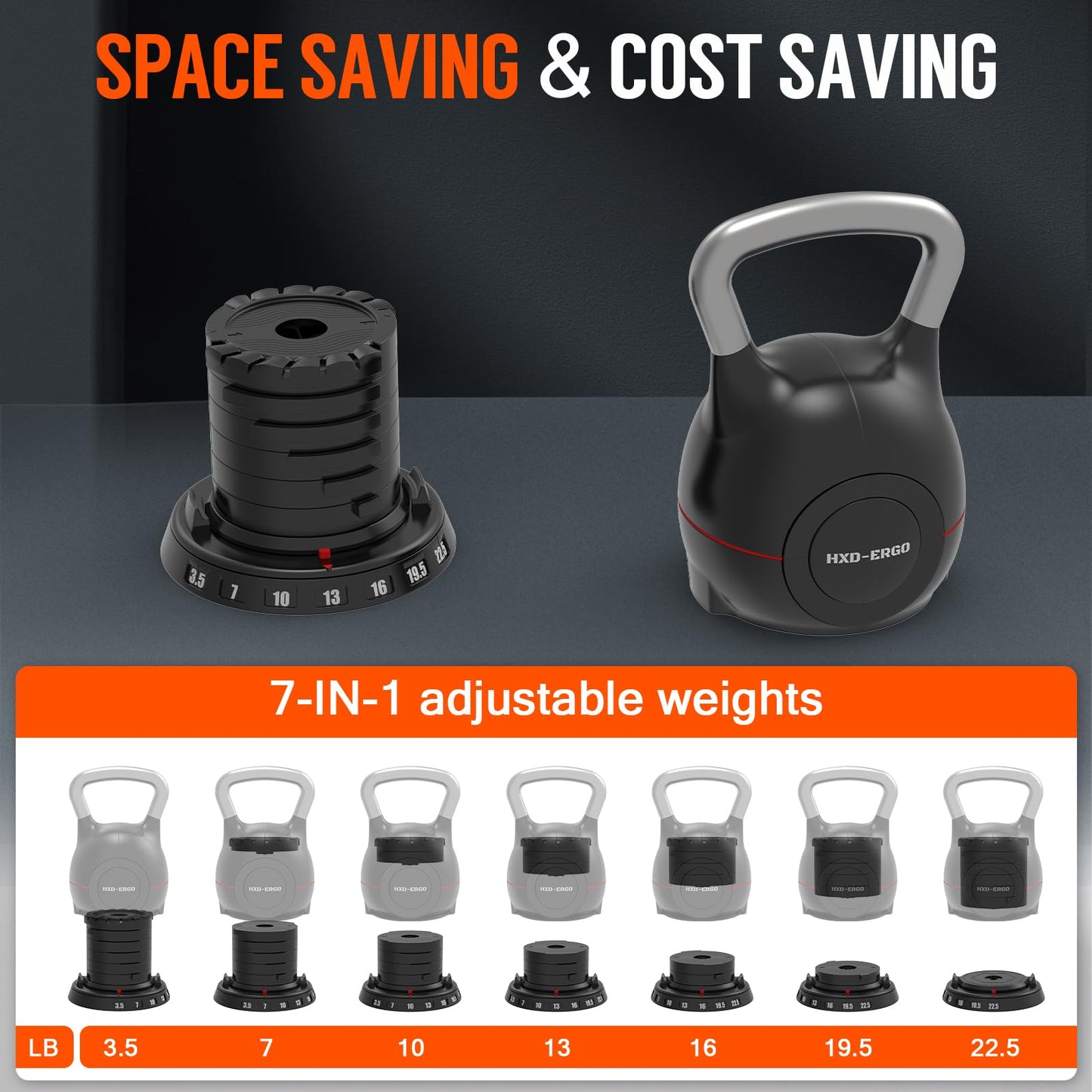 HXD-ERGO Adjustable Kettlebell Weight Set-Quickly Adjusts 7 Weights,Ergonomic kettlebell sets for Home Gym (Black（3.5-22.5LBS）)