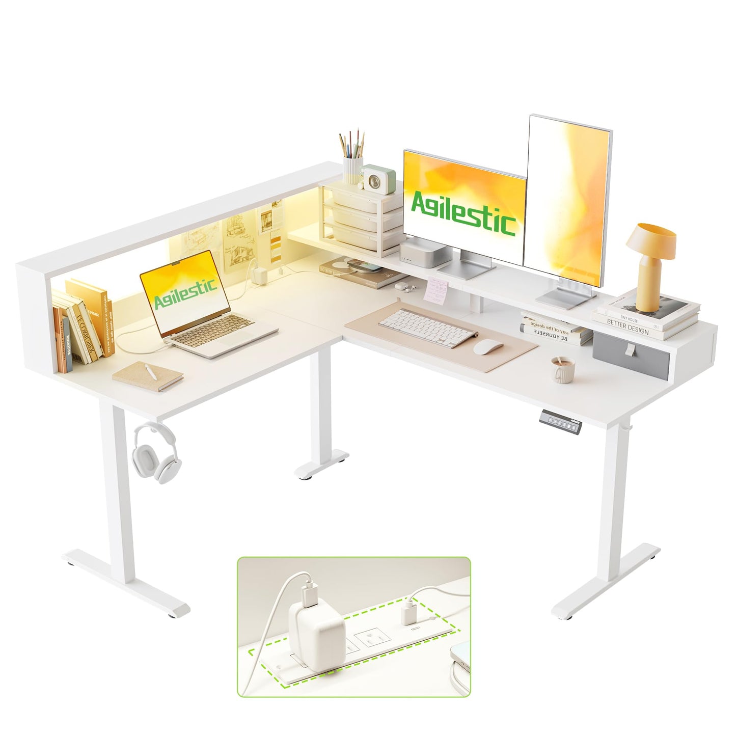 Agilestic L-Shaped Electric Standing Desk, 63x55 Inch Ergonomic Adjustable Height Desk with Storage, Stand Up Corner Desk Sit Stand Computer Table Power Outlet & LED Lights, Office Table, White