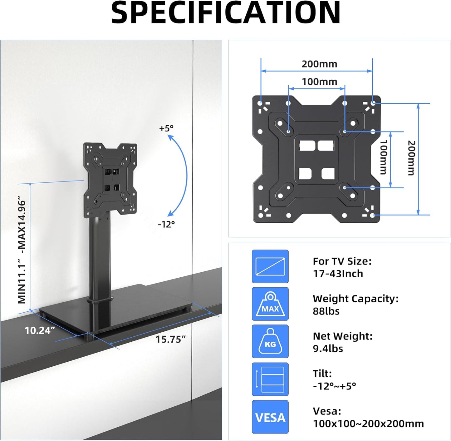 XINLEI 17-43 Inch 88lbs 200x200mm, TS103 Universal TV Stand Base, Table Top TV Stand for LCD/LED TVs, Height Adjustable