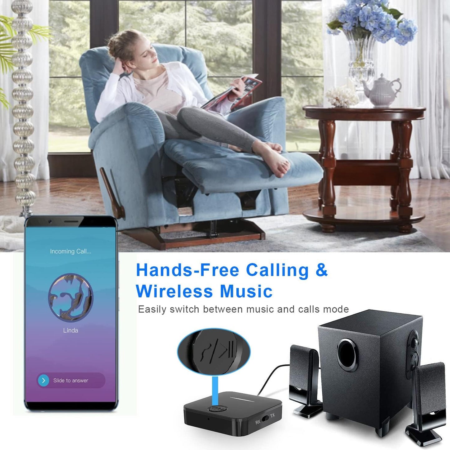BCletty 5.4 2-in-1 Bluetooth Transmitter and Receiver, Wireless Audio Adapter with Built-in Microphone for Car, TV