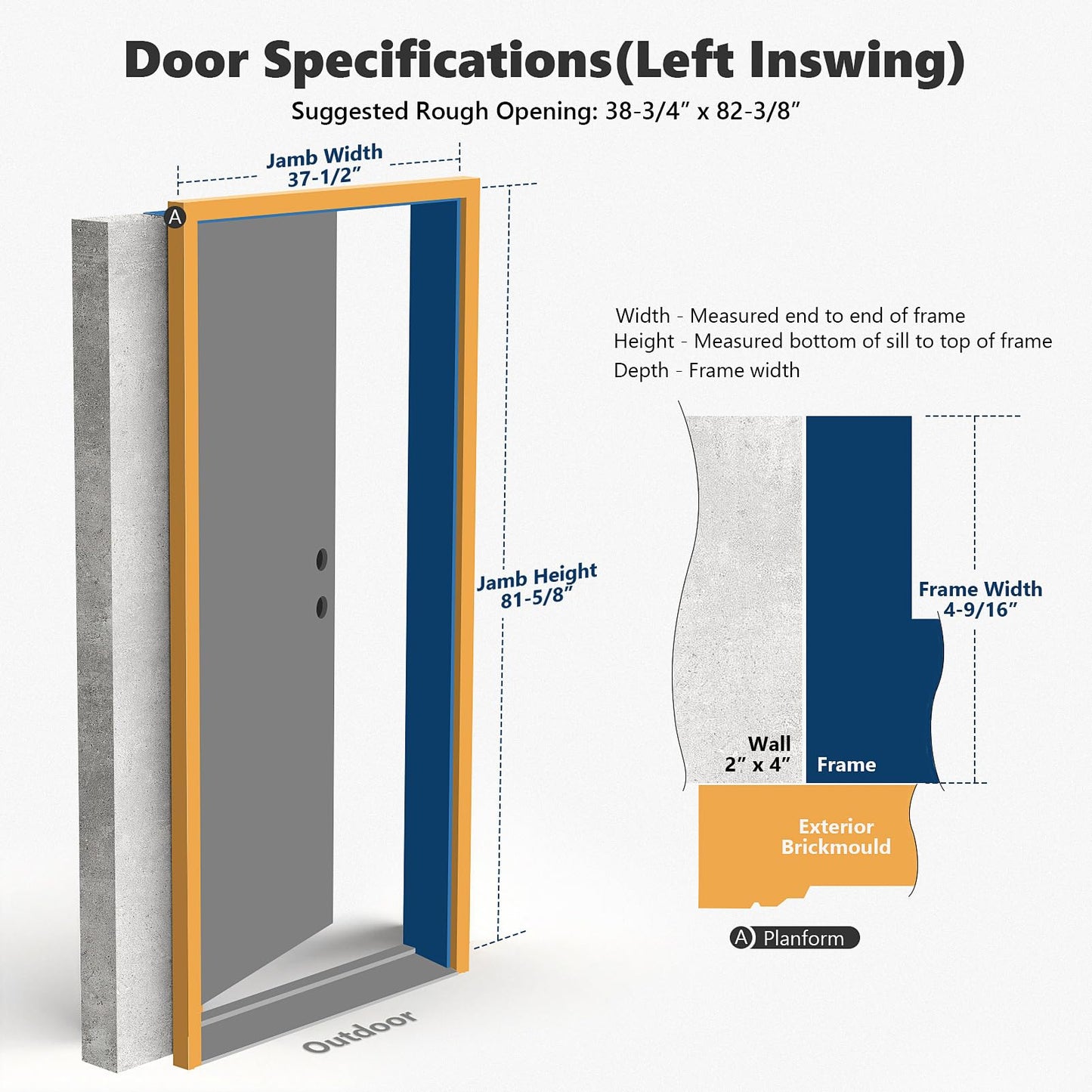 KHSHOW 36 x 80 Fiberglass Entry Door with Brickmould, 4-Lite Frosted Glass - Contemporary Style for Home's Front Entrance, Left Hand Inswing, Vinyl Frame, Primed Knock-Down Entry Door
