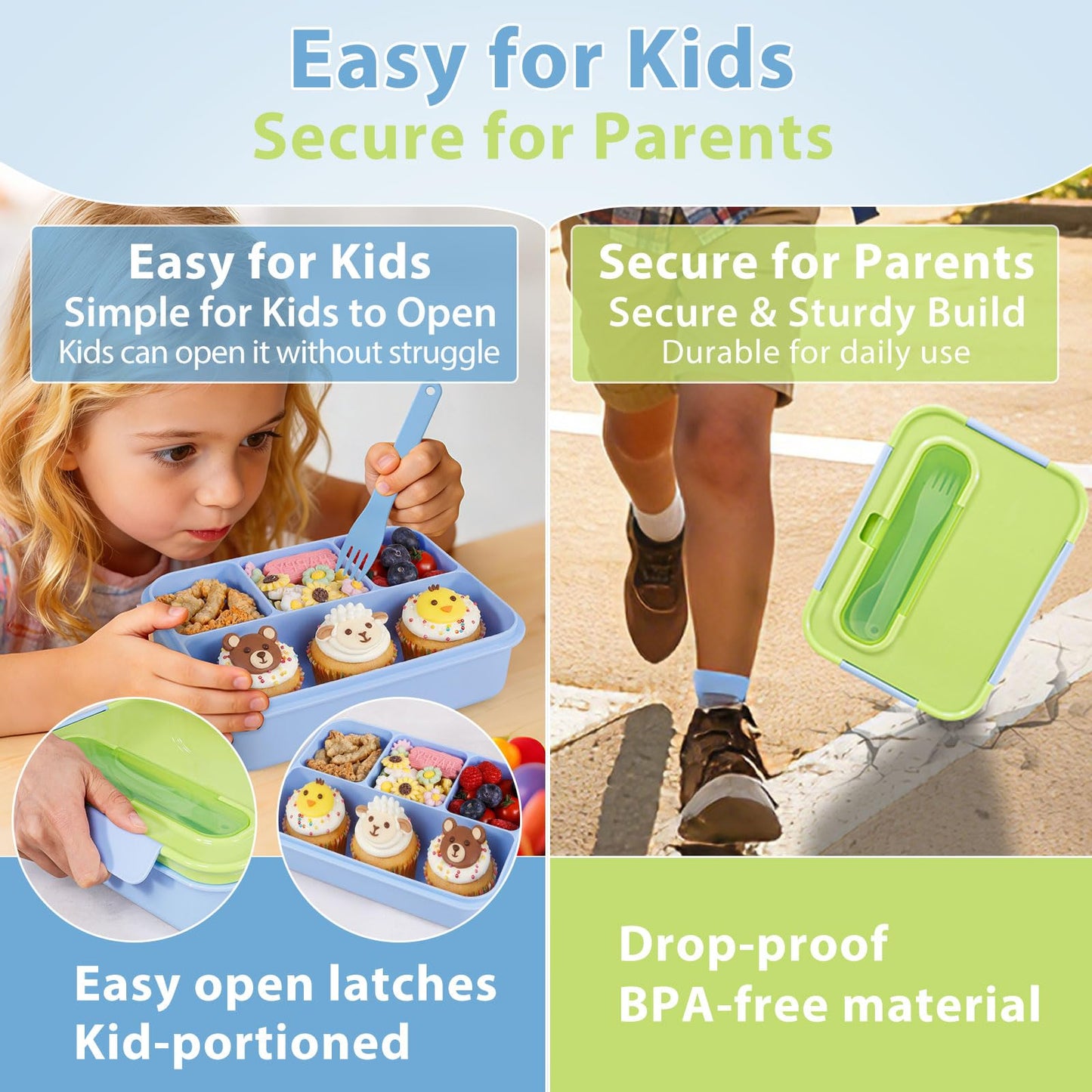 Caperci 50oz Larger Bento Box for Kids - Reinforced Leakproof Lunch Box Containers for Kids, Built-in Sauce Cup, Utensils, 4 Compartments, BPA-Free Microwave & Dishwasher Safe (Lime/Blue)