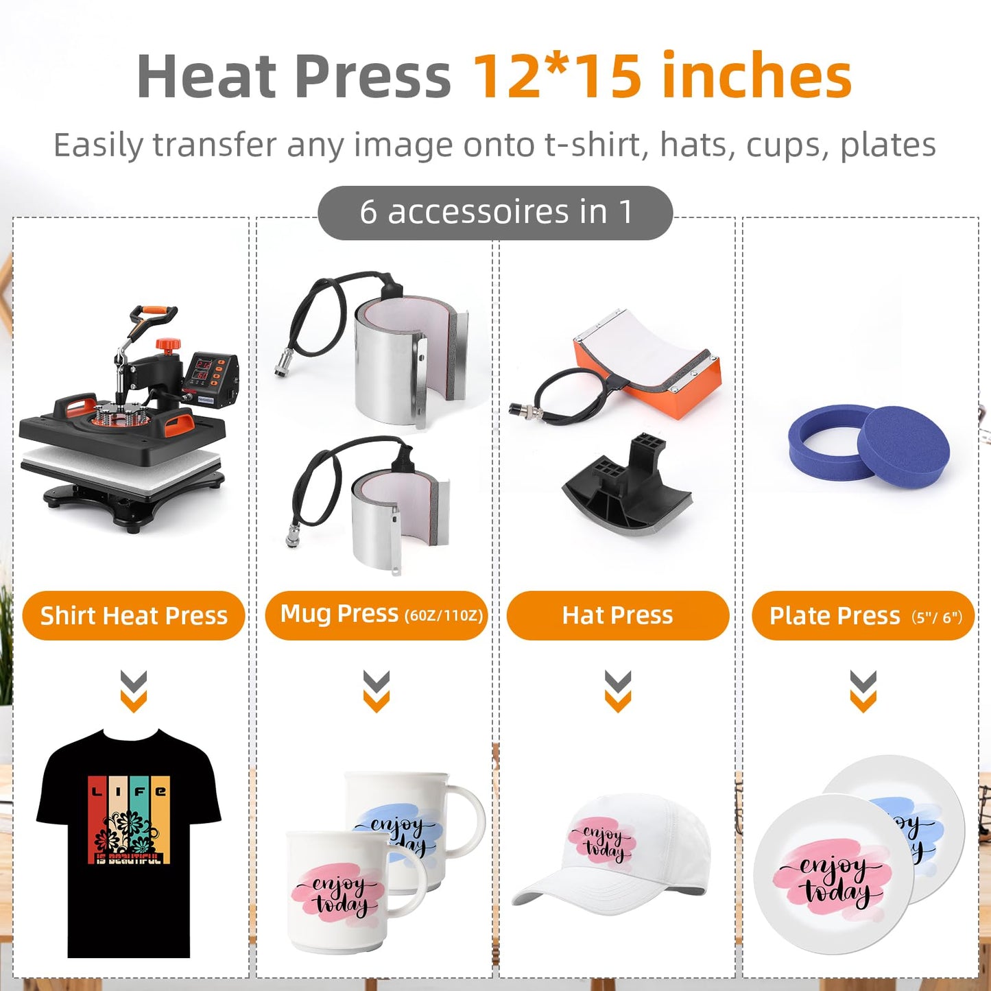 Heat Press Machine, Towallmark 12 X 15 inch, 6 in1 Heat Press, 800W Sublimation Machine, 360° Rotation Swing-Away Heat Press, Dual-Tube Heating Printing for DIY T-Shirts Cap Mugs
