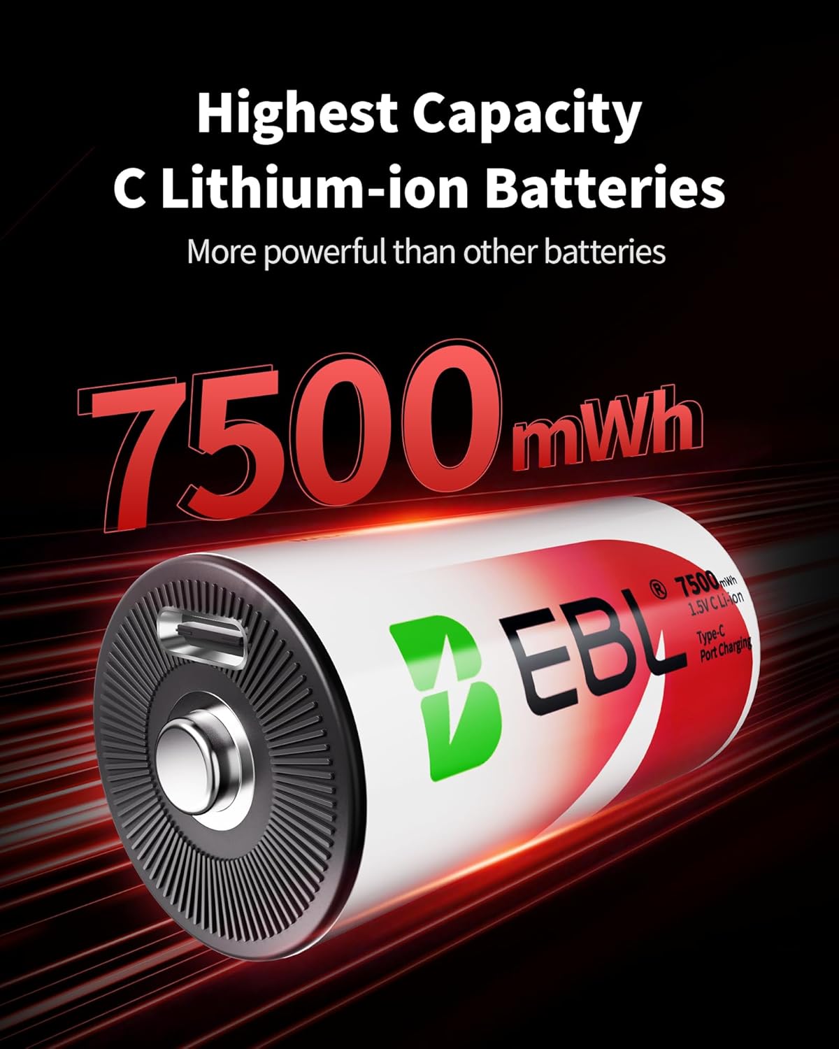 EBL 7500mWh 1.5V 1600+ (4 Pack) Rechargeable C Batteries Lithium USB-C Cable Cycles Fast Charging for Cameras