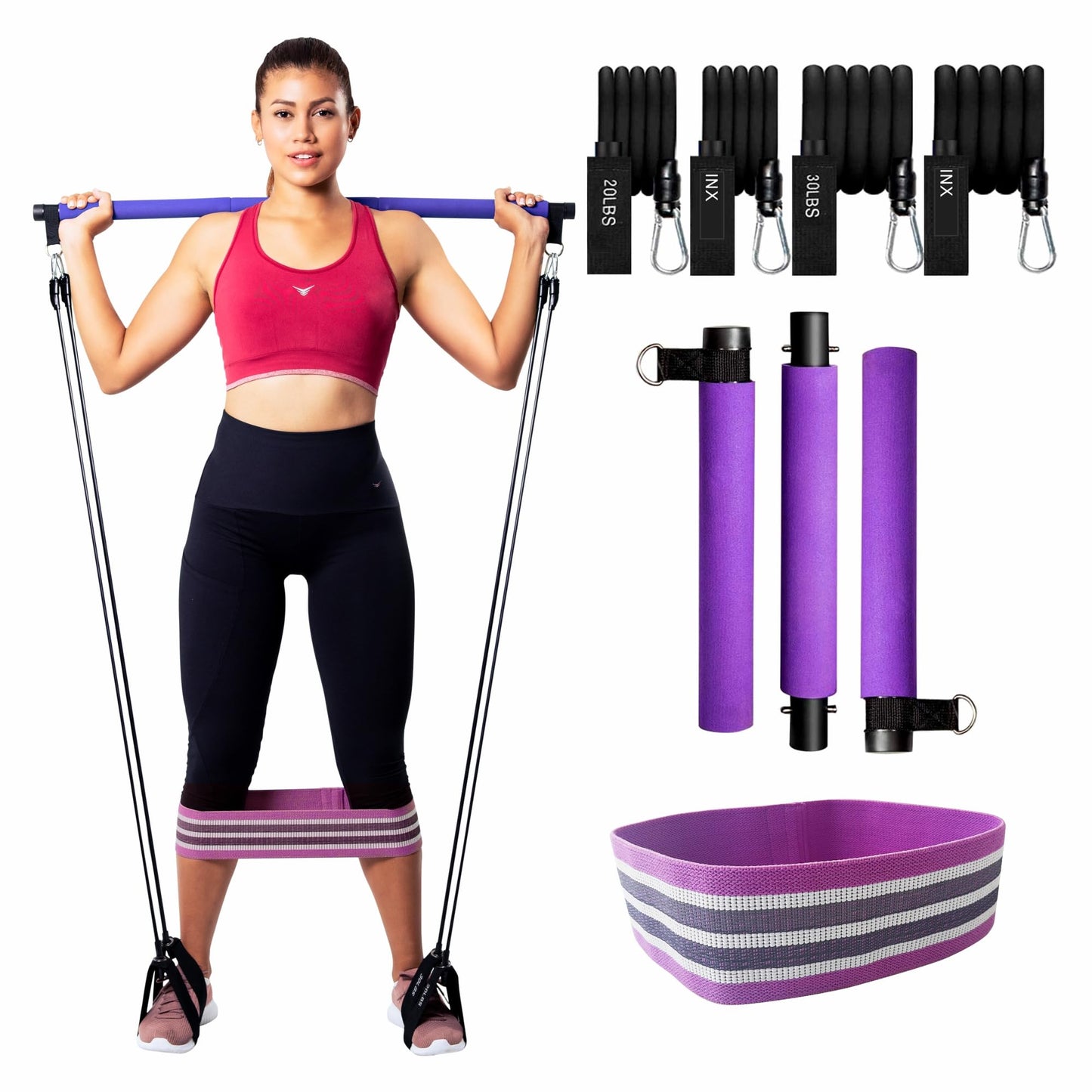 INX SPORTS Pilates Bar Kit with Resistance Bands (Up to 100lbs) - Portable Home Gym Equipment for Squats, Yoga, and Full Body Toning - 3-Section Steel Bar + Fabric Booty Band