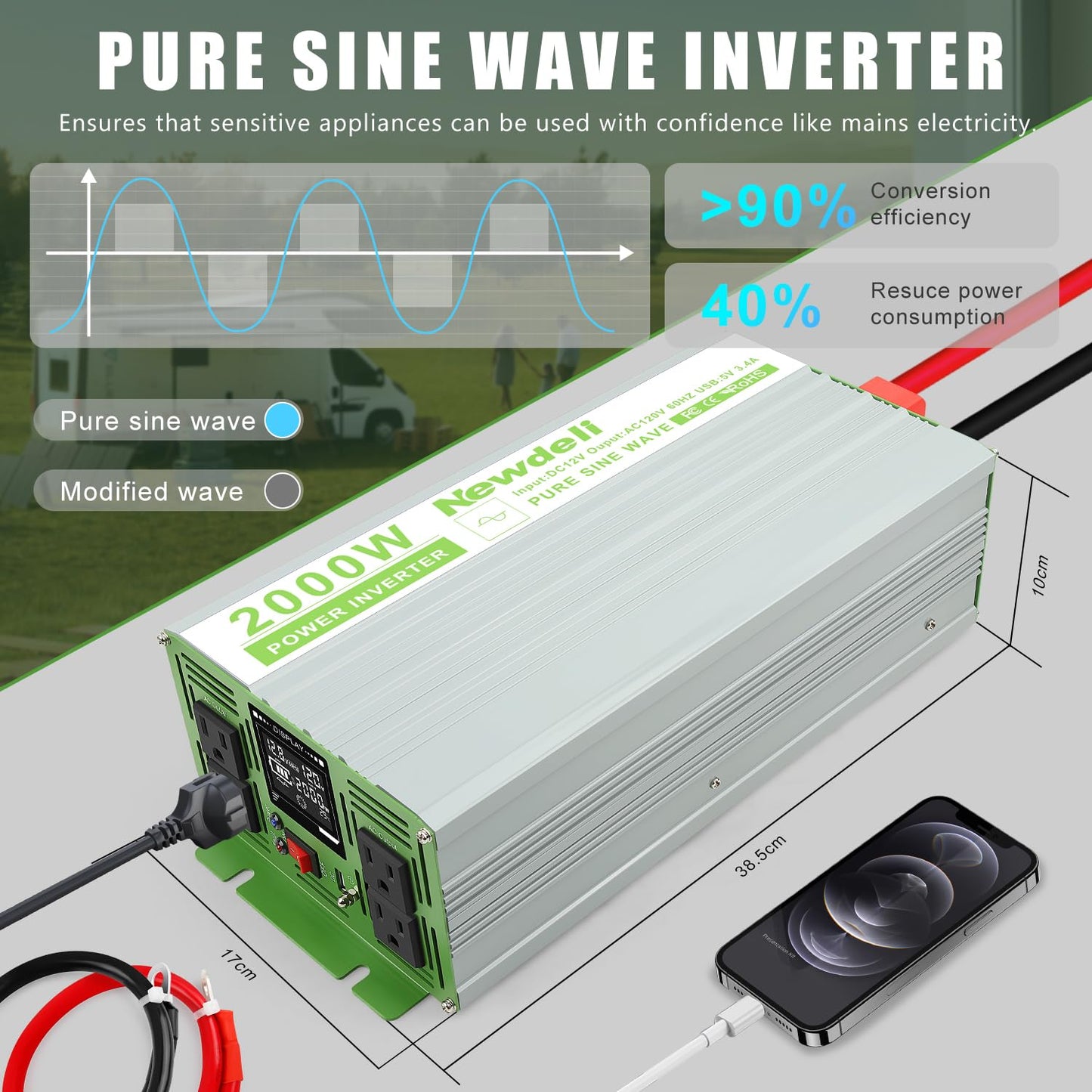 Newdeli 2000 Watt Power Inverter 12V DC to 110V 120V AC Pure Sine Wave Inverter with LCD Display, Remote Controller, 4 AC Outlets and 5V 3.4A USB Port for Vehicles Car Truck RV Solar System Camping