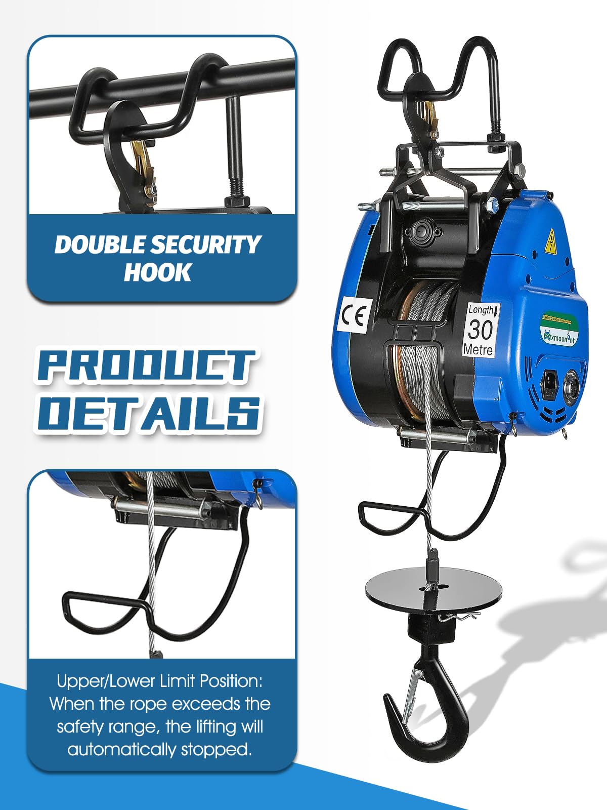 Mxmoonant 1100lb Electric Hoist Lift 12m/min Electric Winch Portable 360° Safety Limit, Al-Alloy Cased Hoist Crane with Updated Copper Motor, Pendant Control & Wireless Control Support (500kg/30m)