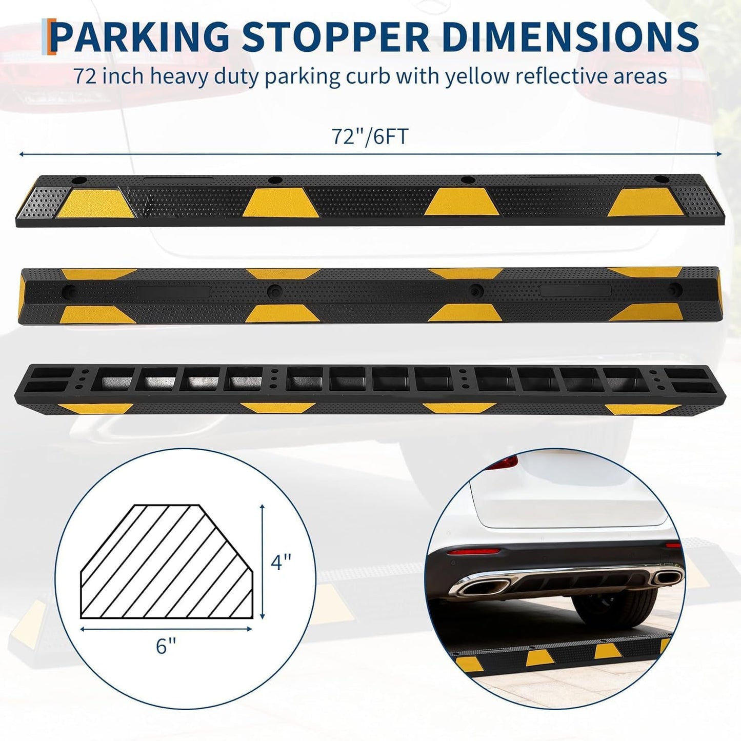 EliteEdge 4 Packs 72" Heavy Duty Rubber Parking Curb, 55000 LBS Capacity Parking Stopper with Reflective Stripes