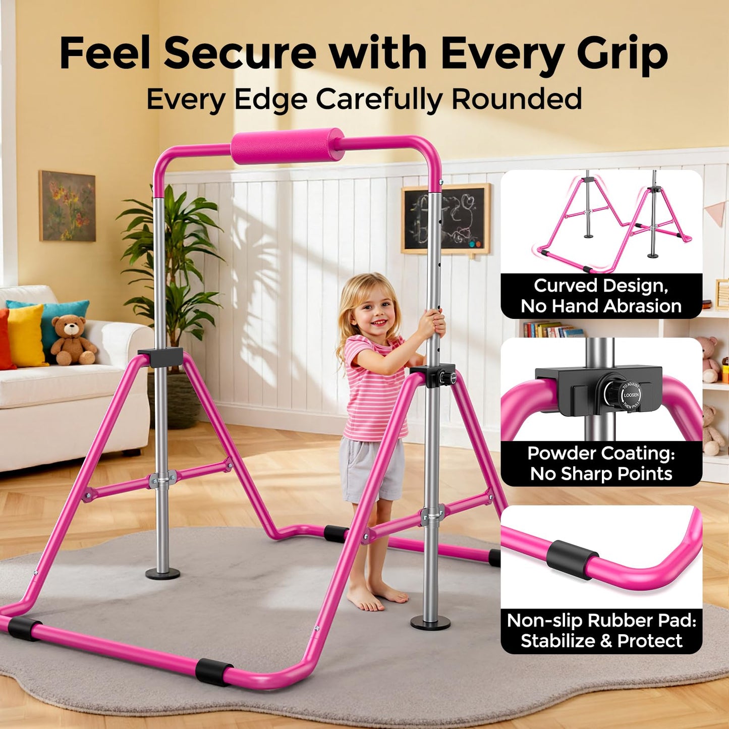 Sportsroyals Gymnastics Bar for Kids,Adjustable Height Gymnastic Horizontal Bars,Folding Gymnastic Junior Training Kip Bar for Home, Pink (Pink)