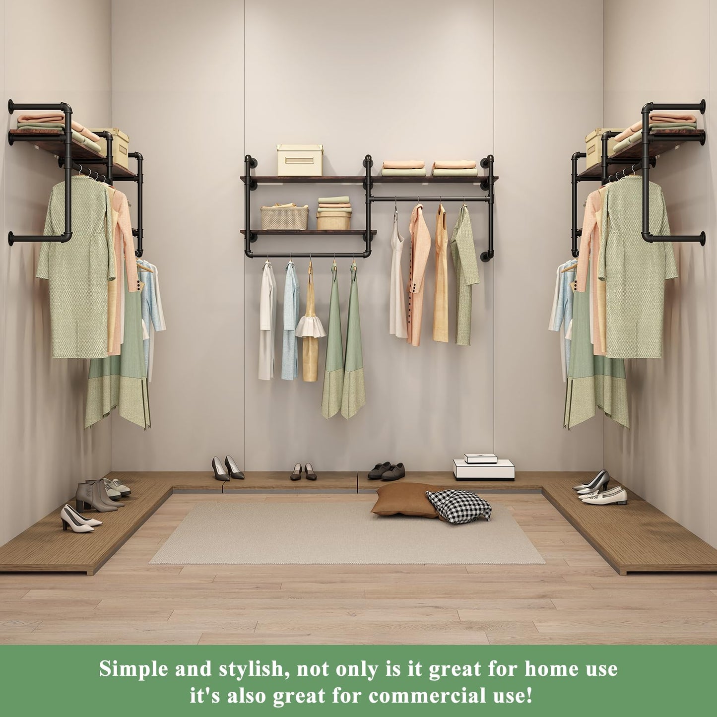 EDCB Industrial Pipe Clothing Rack Wall Mounted - Heavy Duty 2-Tier Closet Organizer with Wood Shelves & Dual Hanging Rods for Bedroom/Retail Store