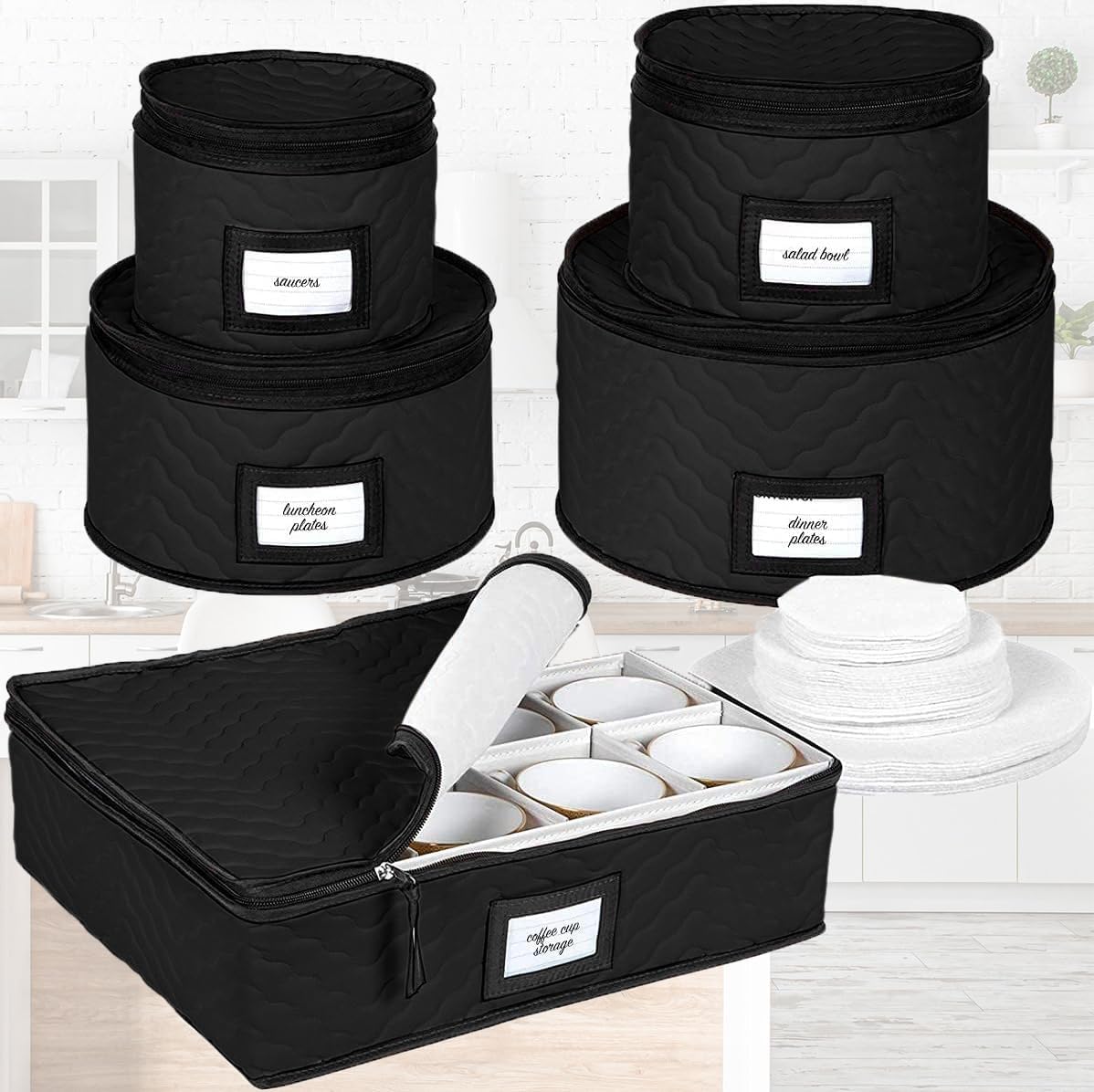 China Storage Containers 5-Piece Set - Sturdy Quilted Microfiber Dish Organizer for Dinnerware, Black