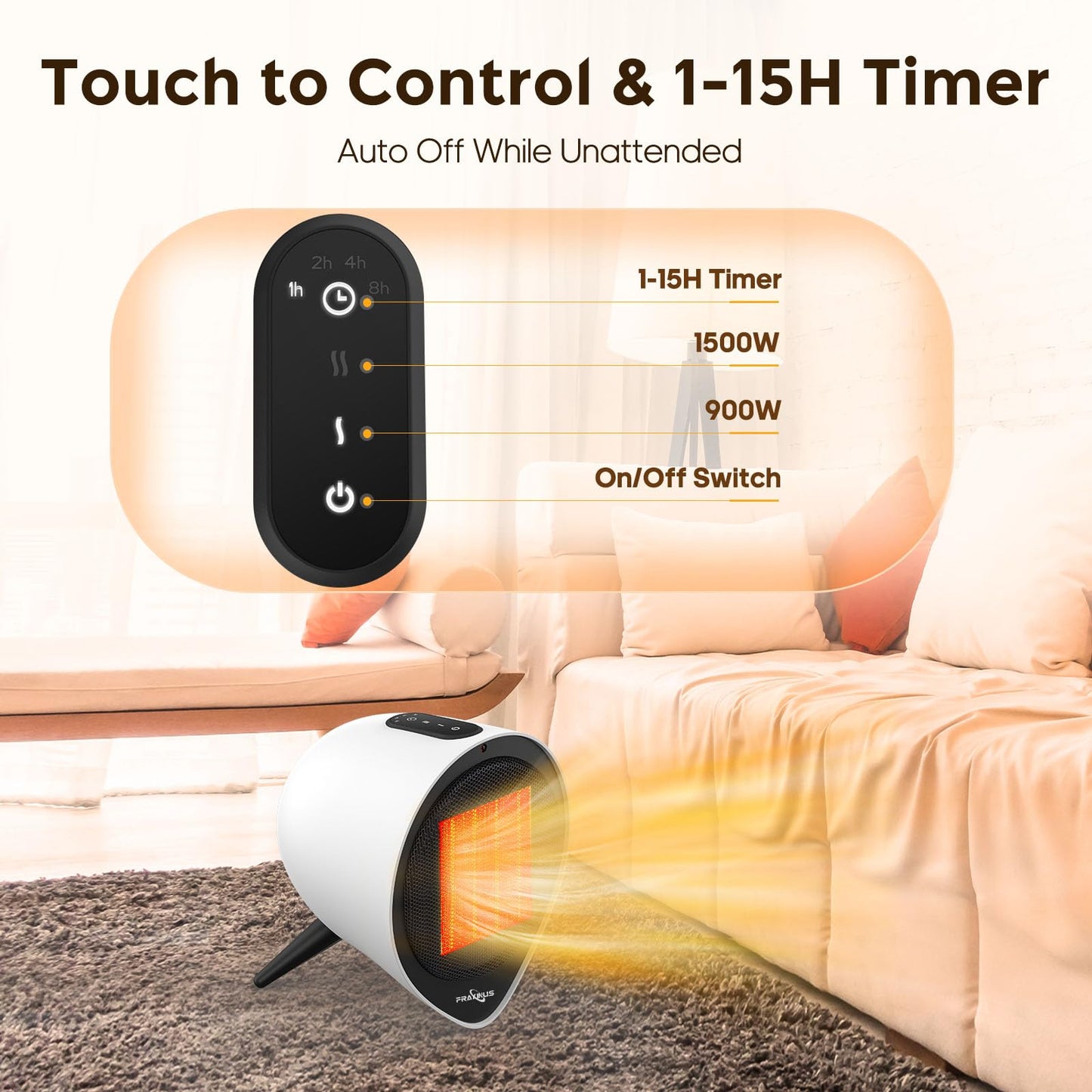 Small Ceramic Heaters for Indoor Use, 1500W PTC Electric Heating with 15H Timer, Overheat and Tip-Over Protection, Safe and Quiet Heat Up 200 Square Feet for Desk, Office, Bedroom and Home. (White)