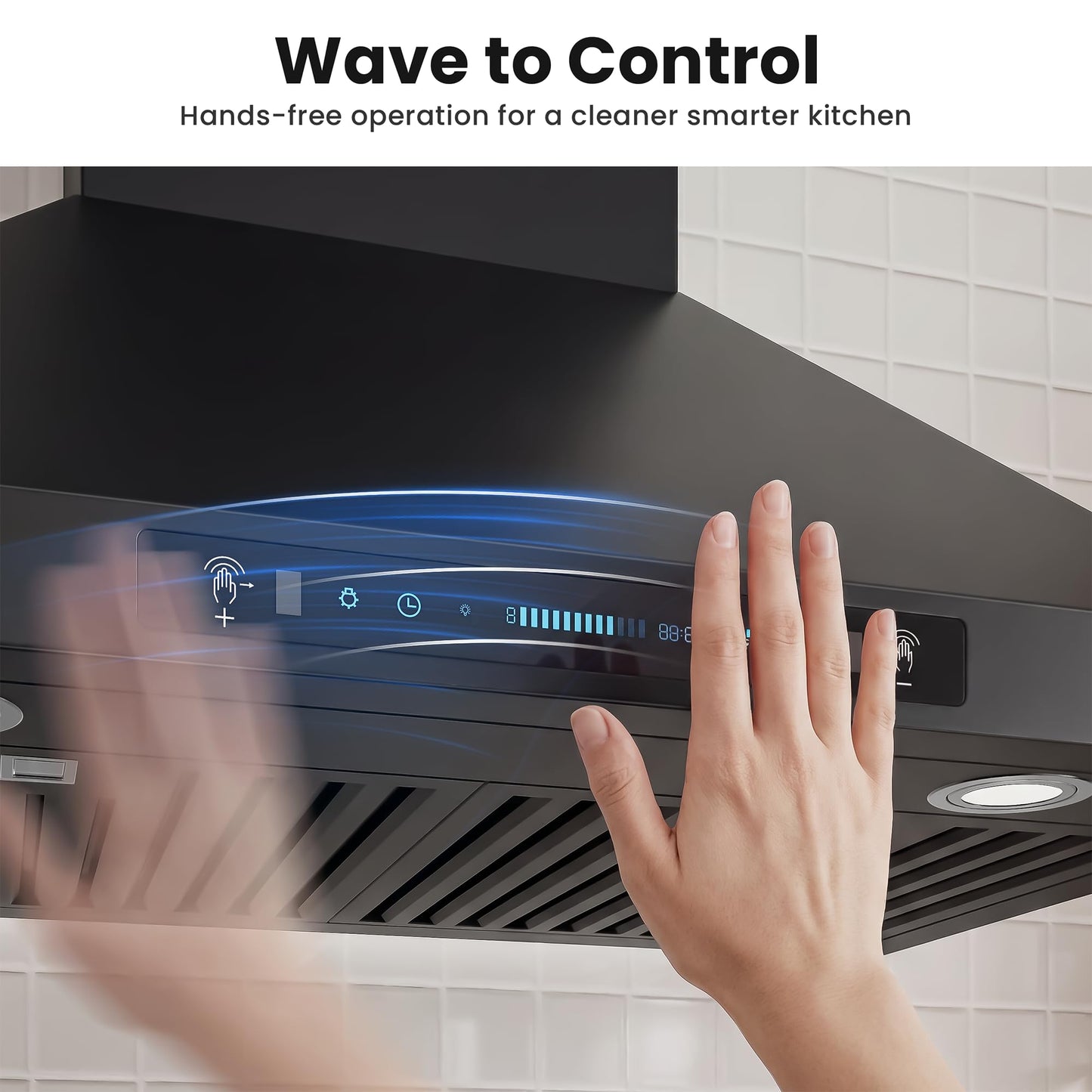 IKTCH 30 inch Black Wall Mount Range Hood, 900 CFM Ducted/Ductless Stainless Steel Vent Hood with Gesture Sensing & Touch Control Switch Panel, 2 Pcs Adjustable Lights