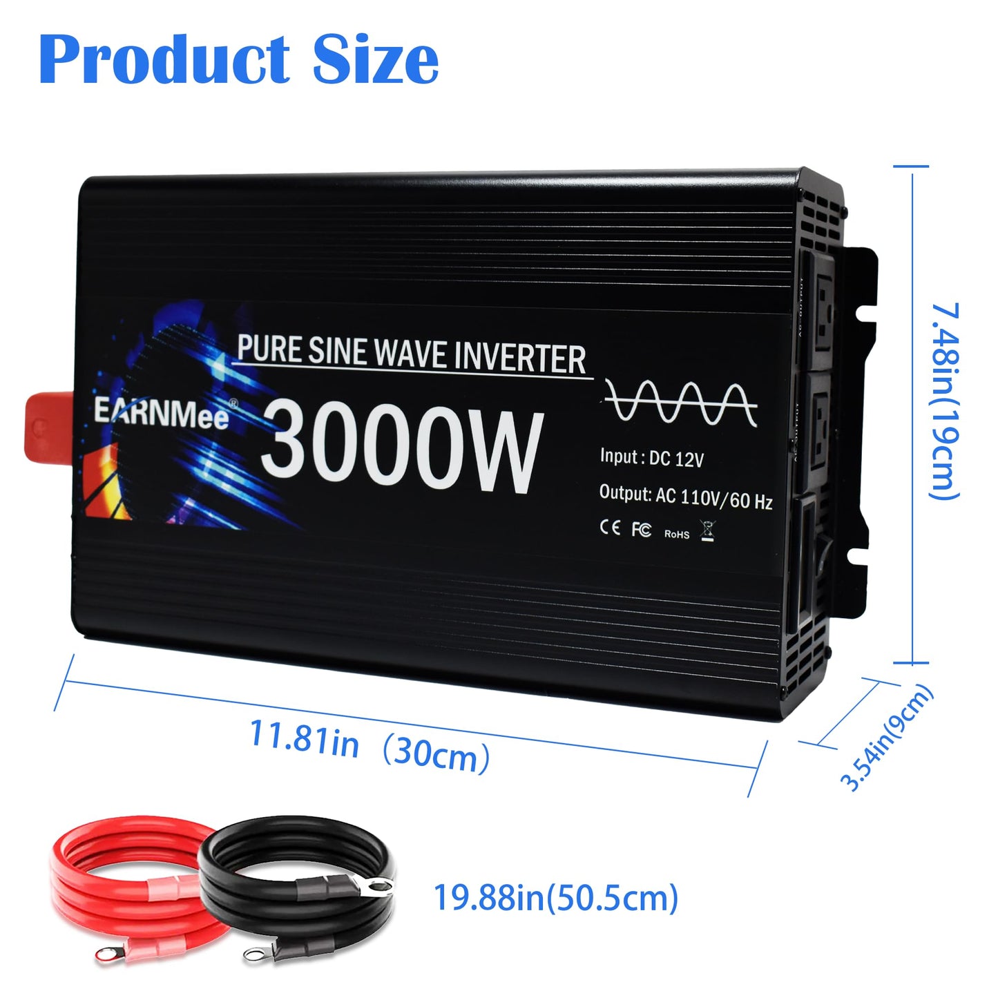 3000W Pure Sine Wave Inverter, Vehicle Converter,12V DC to 110V 120V AC for Car, RV, Truck, Home, Solar Power Inverter with LCD Display