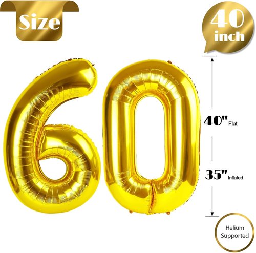 Gold Number 60 Balloon - 40 Inch Giant Foil Decoration for 60th Birthday Party Supplies