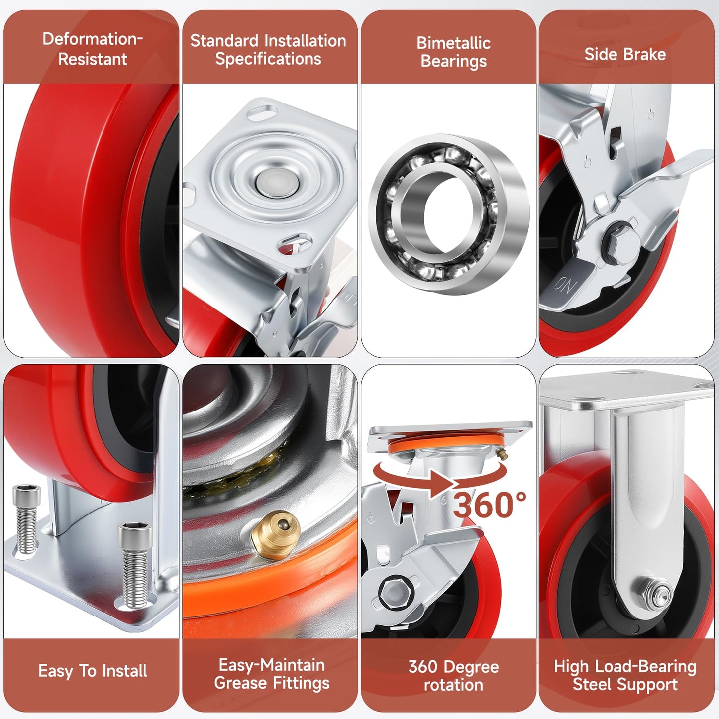 Caster Wheels,Industrial Heavy Duty Caster Set of 4,Polyurethane Surface TPE Casters,Load 5000Lbs Swivel Brake Plate Casters,for Industrial Equipment (2Side Brake & 2 Rigid, 6 inch)
