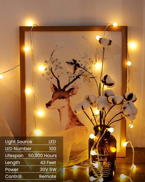 Globe String Lights - 100 LED Fairy Lights with Remote & Timer | 43 Ft Warm White Twinkle Lights for Indoor/Outdoor Decor
