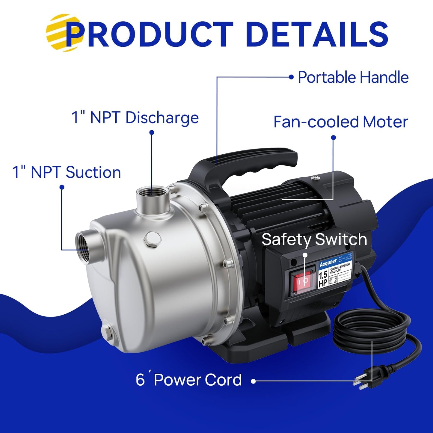Acquaer 115V Shallow Well Garden Pump, Stainless Steel, Sprinkler Water Transfer Draining Irrigation Pump 1210 GPH, for Water Removal Lawn Garden,1.5 HP Portable
