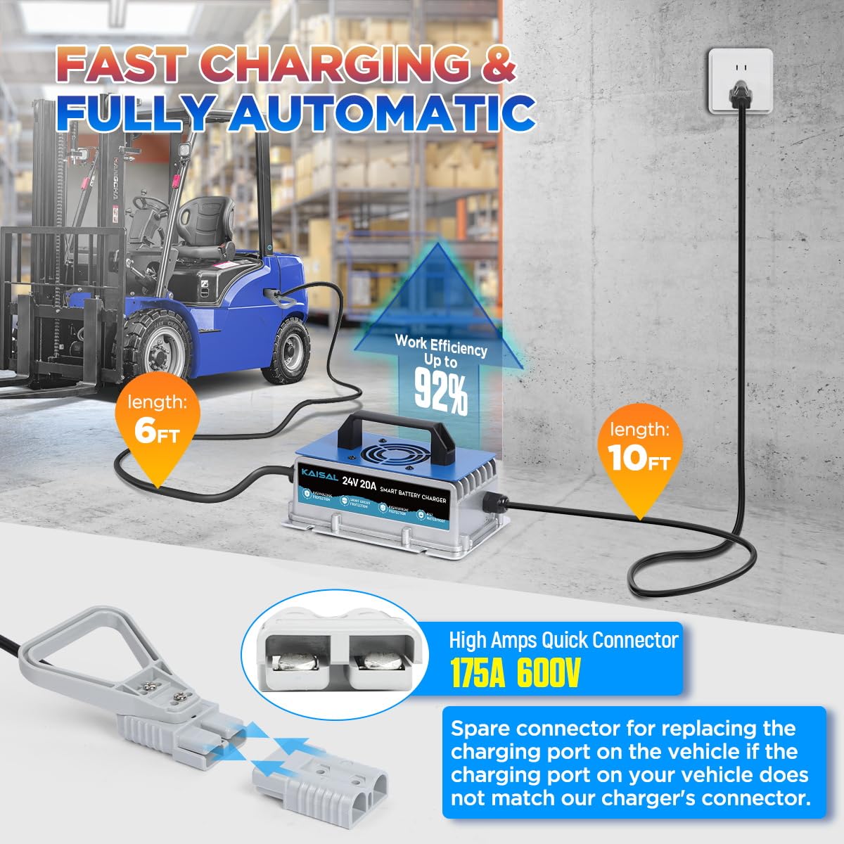 Forklift Battery Charger 24V 20A Trickle Charging Pallet Jack Battery Charger 24 Volt Forklift Charger with 16FT Cable for 24V Electric Pallet Jack, Stacker, Floor Scrubber, Scissor Lifter