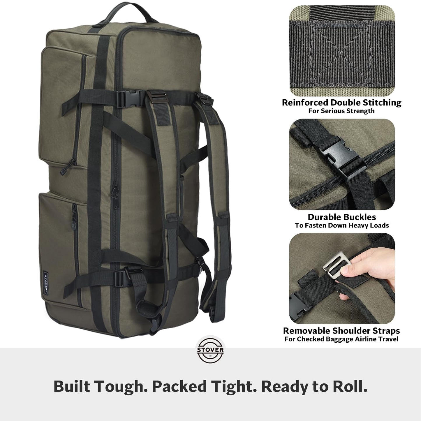 STOVER 45/80/100L U-Zip Rolling Duffel Bag with Wheels, X-Large Durable Travel Duffle + Toiletry Bag, Lay-Flat Opening, Packable w/Shoulder Straps- Use as Luggage or Backpack, Men/Women (Green)