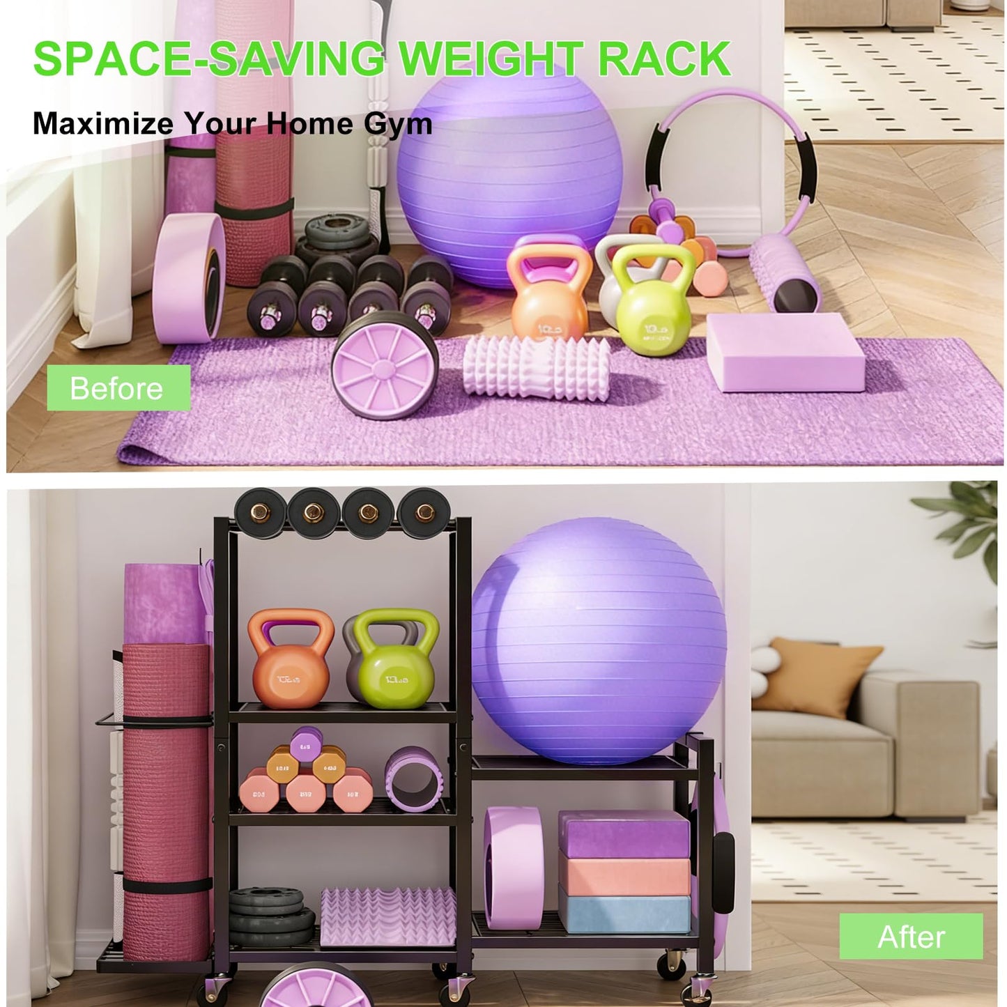 6-Tier Multi-Functional Home Gym Storage Rack with Wheels and Hooks, Adjustable Weight Rack for Dumbbells Kettlebells Yoga Mat and Balls, Space Saving Workout Equipment Storage Organizer