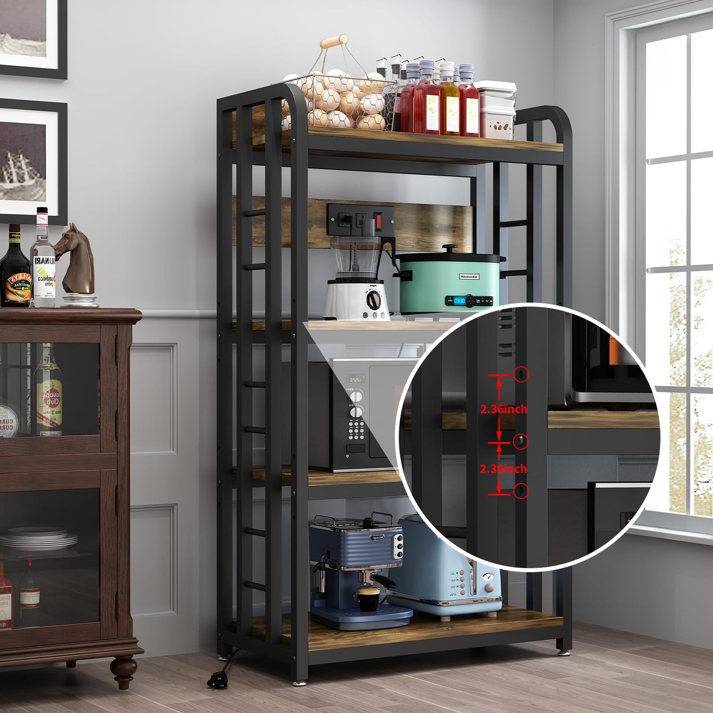 SIREDEEP Bakers Rack with Power Outlet ，4-Tier Kitchen Baker's Rack,Microwave Stand with Storage Suitable for Kitchen, Living Room, Dinning Room，Coffee Bar(Rustic Brown)