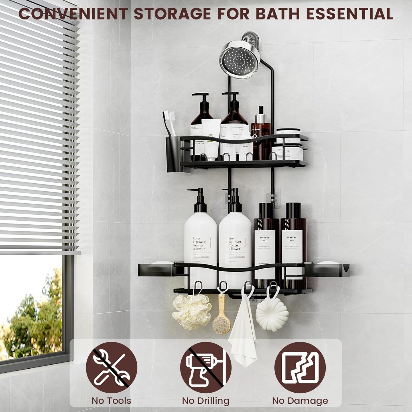 Reinhardt Rustproof Shower Caddy - Anti-Swing Organizer with Soap Holder & Hooks | Black
