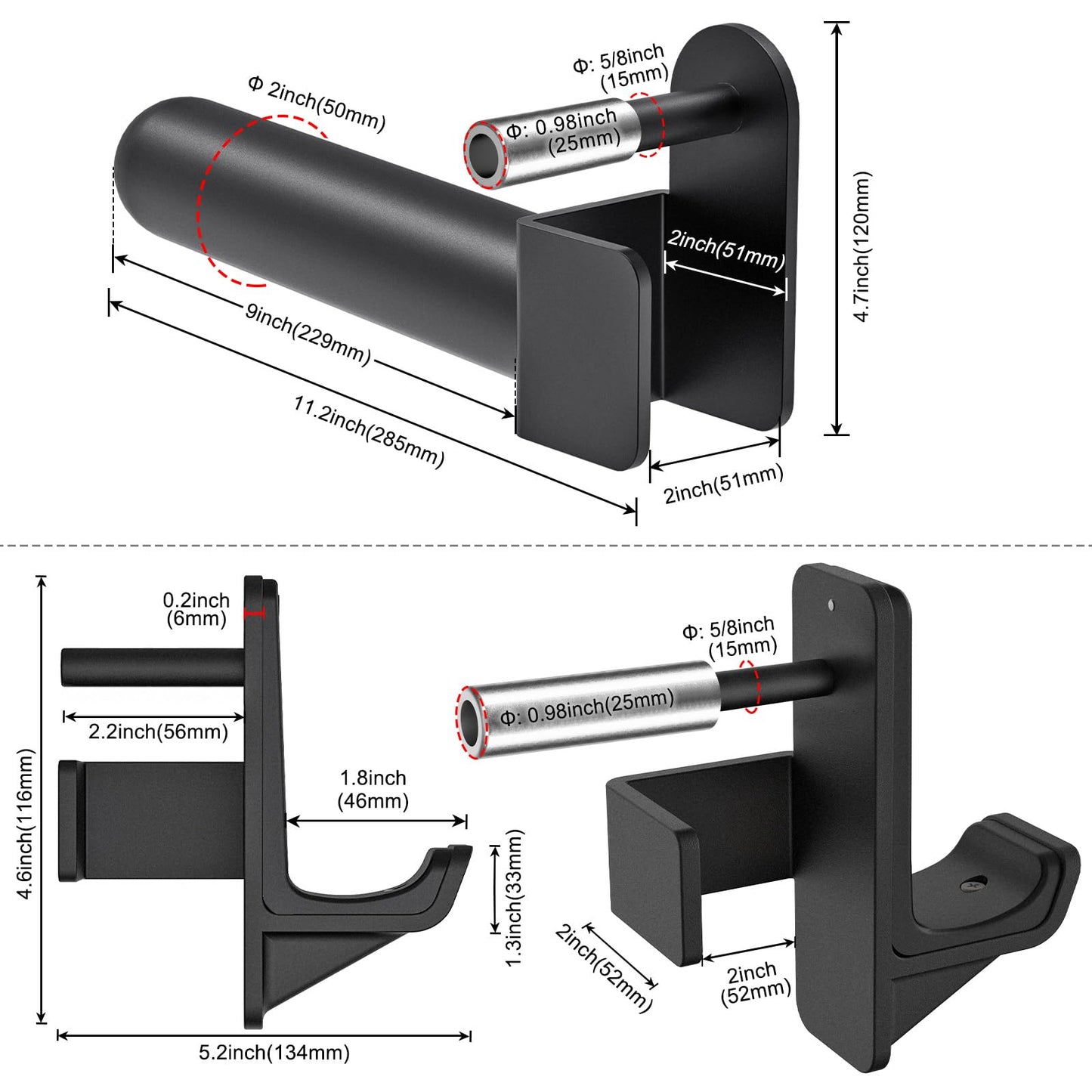 Kipika J-Hooks for Squat/Power Rack, Weight Plate Holder Set for 2" x 2" Power Rack with 5/8" or 1" Hole, Heavy Duty J-Cups Barbell Holder & Weight Storage - Fits Standard 2-inch Weight Plates (B- for 2x2 Rack with 5/8" or 1" Hole + 2" Plates)