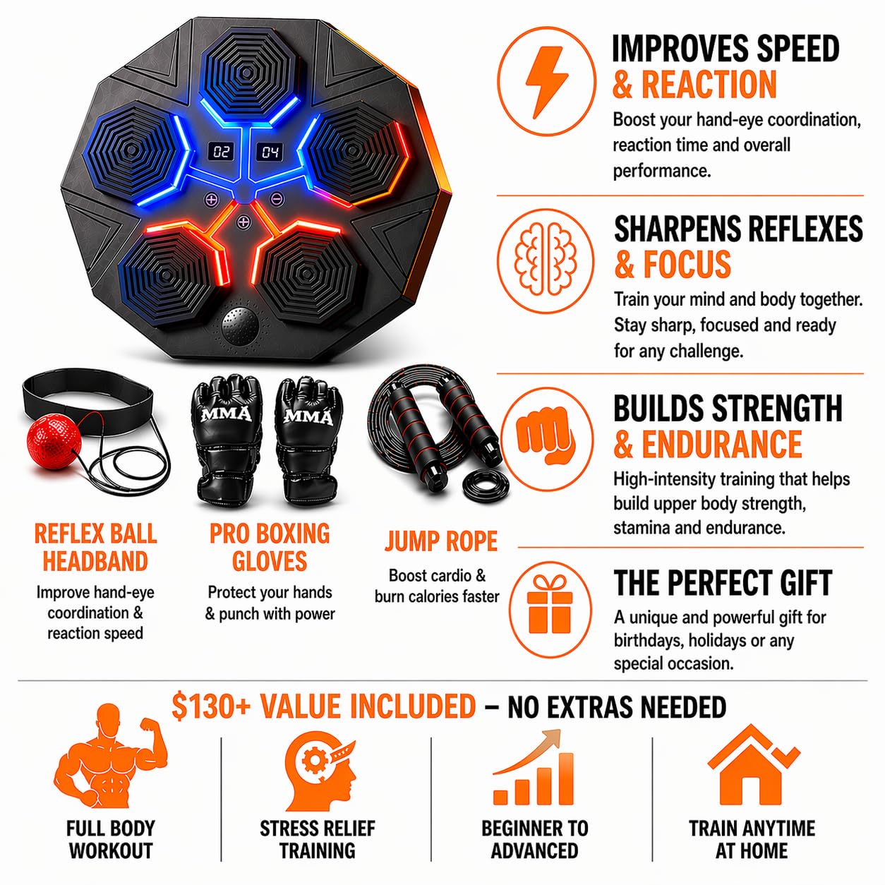 Music Boxing Machine for Adults, Bluetooth Wall Mounted Punching Machine, Interactive Boxing Trainer with LED Targets, Pro Boxing Gloves & Reflex Ball Headband, Home Gym Cardio Workout Training