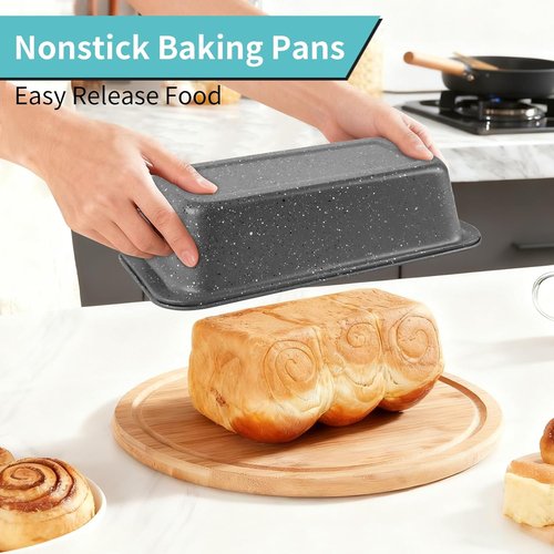 Grey Marble Nonstick Baking Pans Set by [Brand Name] - 5 Piece Stackable Bakeware with 100 Cupcake Liners for Home Baking