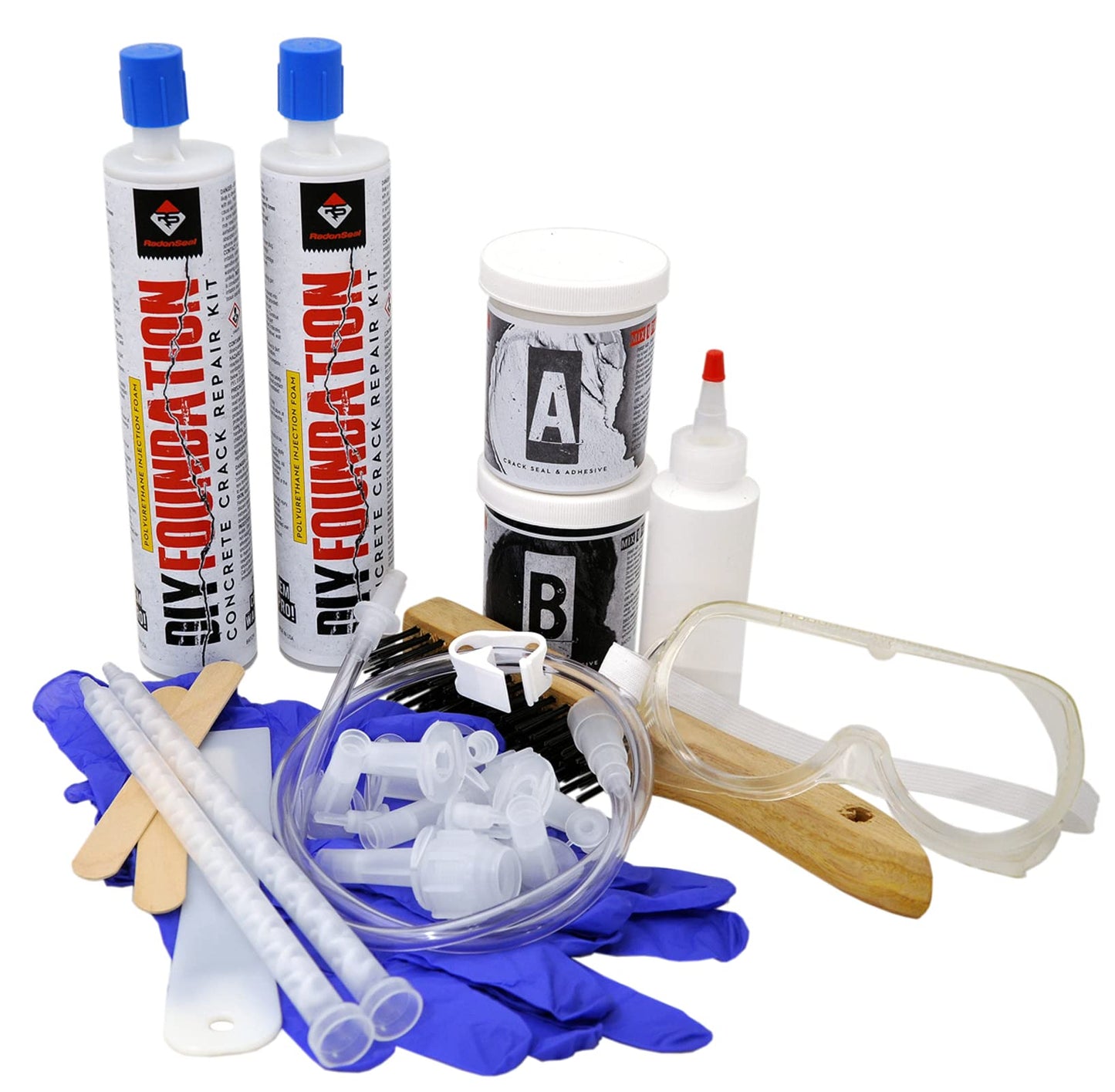 RadonSeal Complete DIY Foundation Crack Repair Kit - 10 Ft - Low-Viscosity Urethane Injection Sealant for Crawl Spaces & Concrete Basement Walls, Stops Water Leaks, Drill-Free Filler