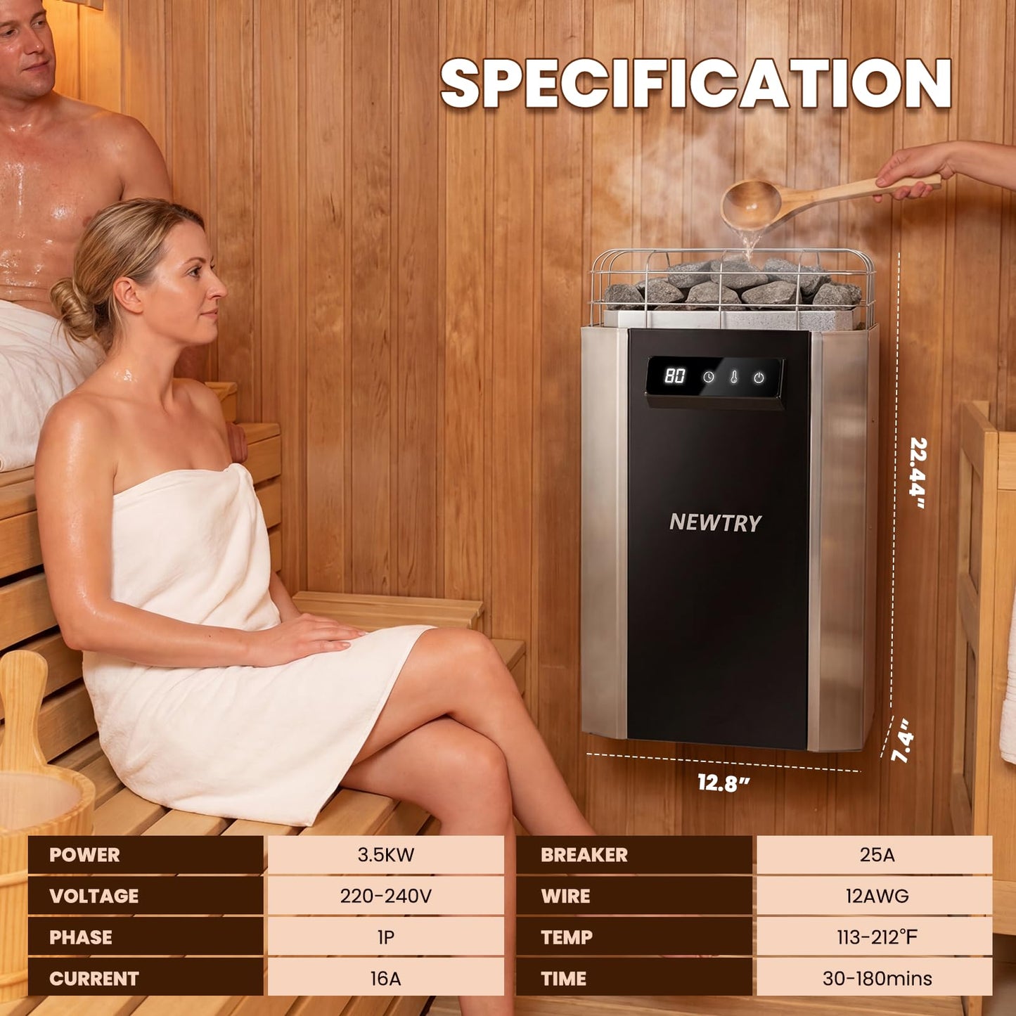 NEWTRY 3.5KW Sauna Heater Digital Electric Sauna Heaters 220V Dry Sauna Stove for Max. 141 Cu.ft Home Spa Hotel Sauna Room