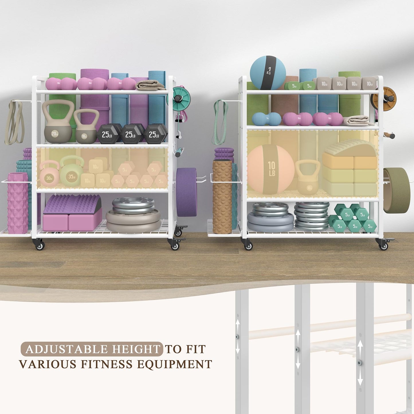 4-Tier Dumbbell Rack Stand Only, 600LB Capacity Adjustable Weight Rack for Dumbbells Kettlebells Yoga Mat, Home Gym Storage Rack with Wheels and Hooks, Powder Coated Finish (Large White)