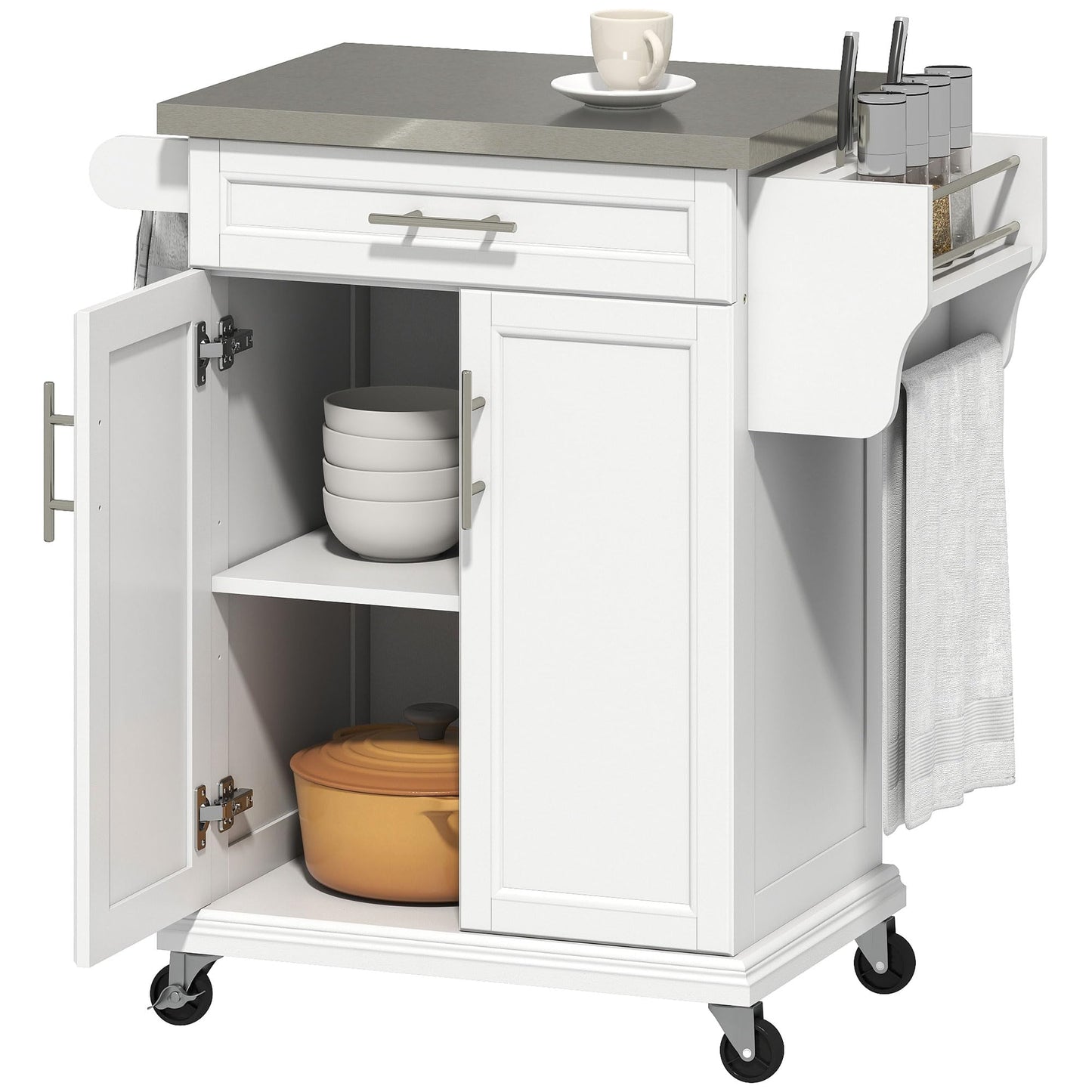 HOMCOM Kitchen Island on Wheels, Rolling Kitchen Cart with Stainless Steel Countertop, Drawer, Towel Rack and Spice Rack, Utility Storage Trolley, White