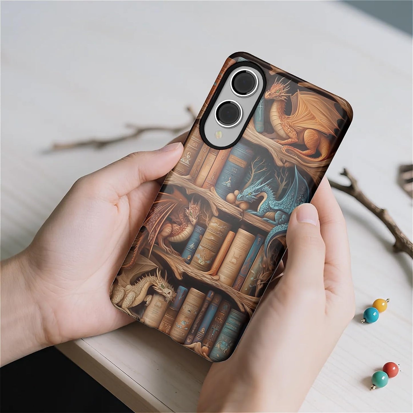 CARLOCA S25 Case for Samsung Galaxy Edge,Bookish Dragon Bookshelf Design- Hybrid Dual Protection Soft TPU + Hard PC
