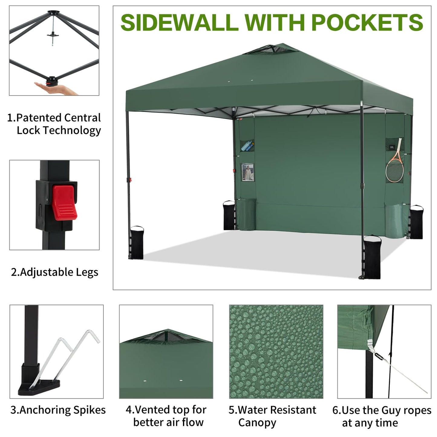 Tunbne 10'x10' Pop Up Canopy Tent with 1 Sidewall and 6 Pockets, One Push Setup, Instant Shade Tent with Vented Roof for Beach Patio Outdoor, Case, 8 Stakes, 4 Ropes, 4 Sandbags (Green, 10x10)