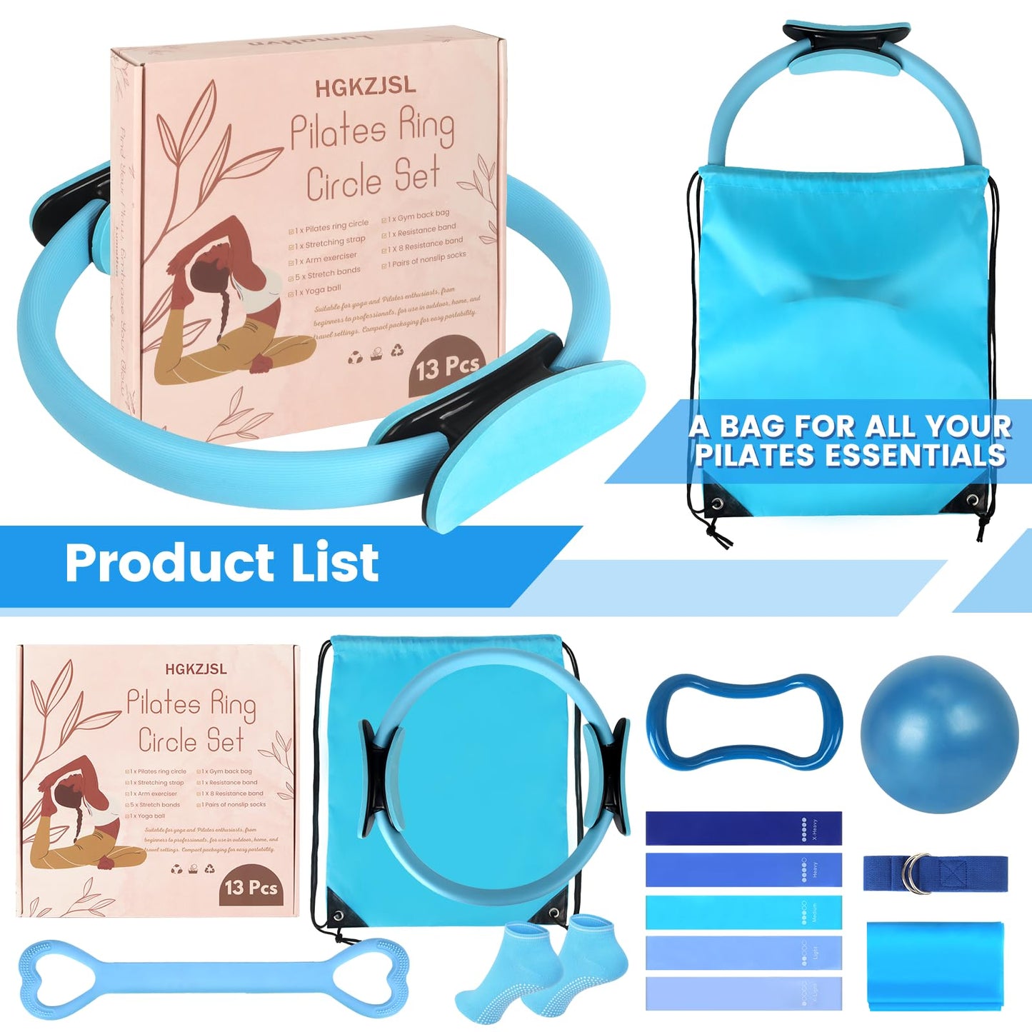 Pilates Kit for Women 13PCS, Pilates Ring and Ball Set with Magic Circle, Resistance Bands Set, Figure 8 Band, Yoga Ring & Grip Socks, Home Workout Equipment Essentials Starter Kit for Beginners