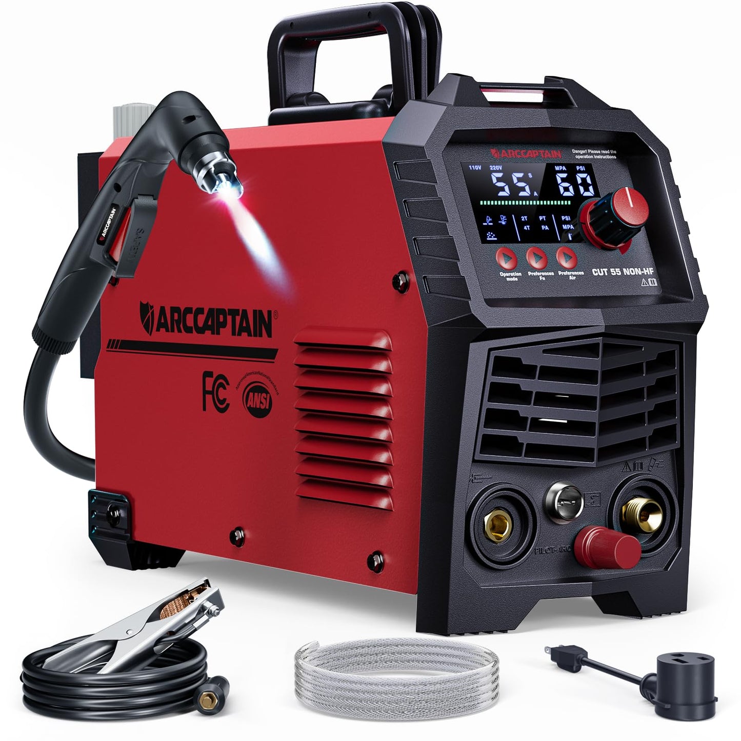 ARCCAPTAIN 55Amp Plasma Cutter, Blowback Non-HF Pilot Arc Plasma Cutting Machine + Large View 3.94" x 3.66" True Color Auto Darkening Welding Helmet with Light