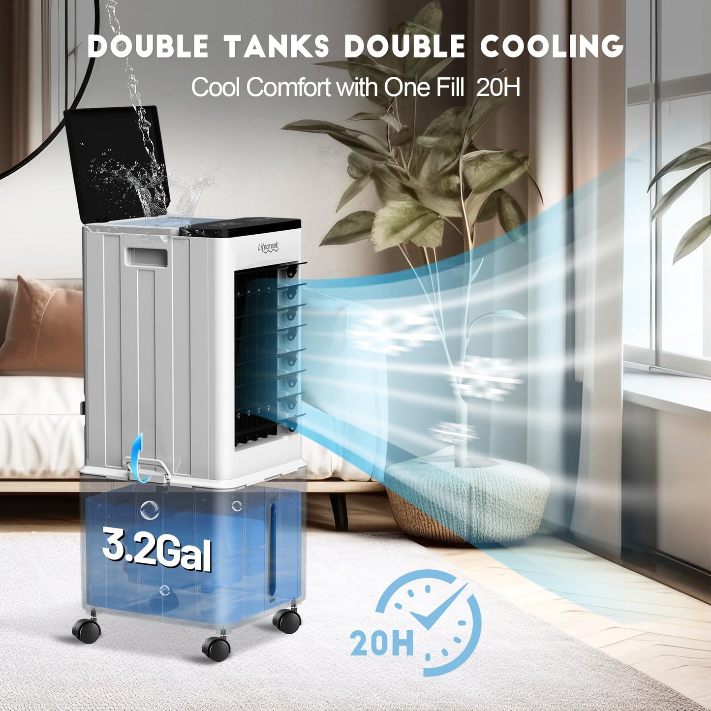 Lifecreek Portable Air Conditioner, 3-in-1 Evaporative Air Cooler with 3.2 Gal Water Tank, Windowless Portable AC Fan with 6 Ice Packs, Remote, 12H Timer, 3 Speeds, 4 Modes for Room Bedroom Office