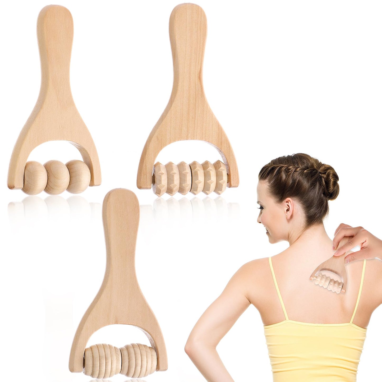 Abeillo 3Pcs Wooden Hand Massage Roller, Muscle Roller Stick, Manual Wood Therapy Massage Tools Massager Roller, for Relaxes Thigh, Leg, Hands Full Body Muscle Men Women