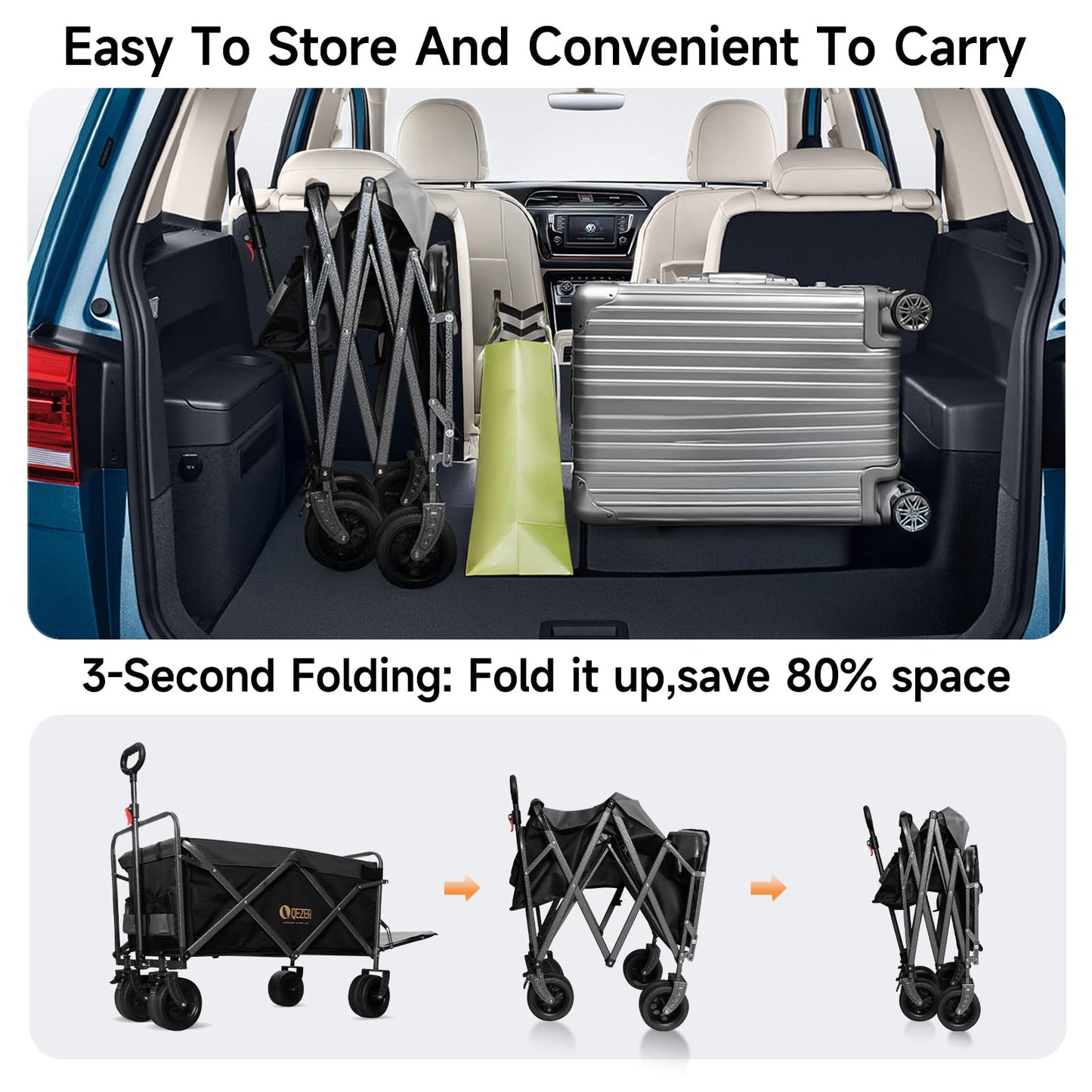 QEZER56 Large Collapsible Folding Wagon with Tailgate and Brake, 600LBS Heavy Duty Utility Cart, 250L Large All-Terrain Beach Wagon for Camping Garden Shopping Grocery Sports (Black, 250L)