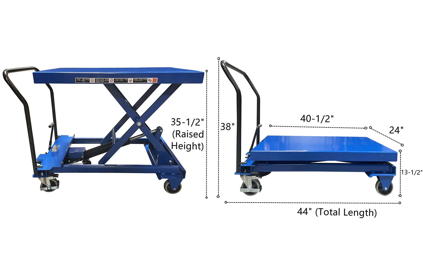Premium Scissor Lift Table 1100 lbs Capacity 40-1/2" X 24" Platform 13-1/2" to 35-1/2" Height Pake Handling Tools
