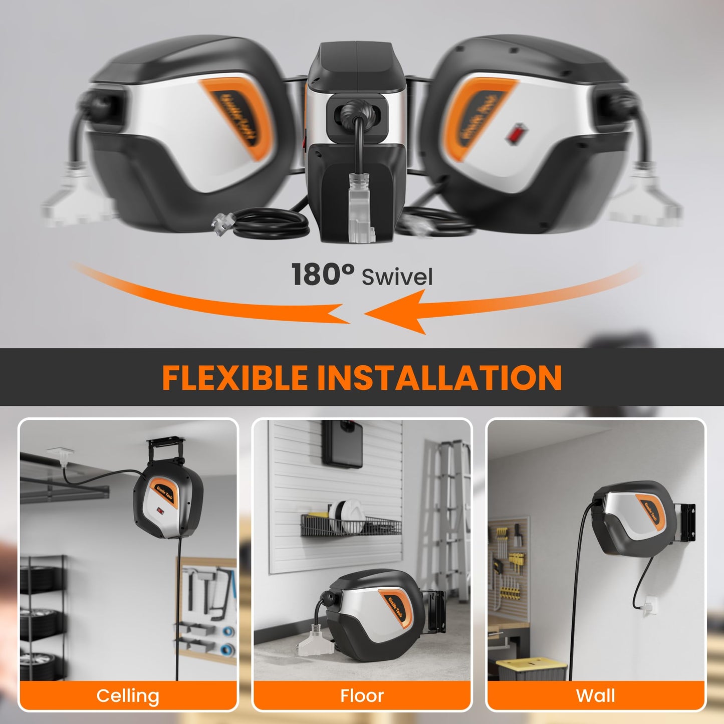 Giraffe Tools Retractable Extension Cord Reel SJT, Heavy Duty Power Cord Reel Wall/Ceiling Mount for Garage with Lighted Triple Tap, 12AWG/3C 50FT