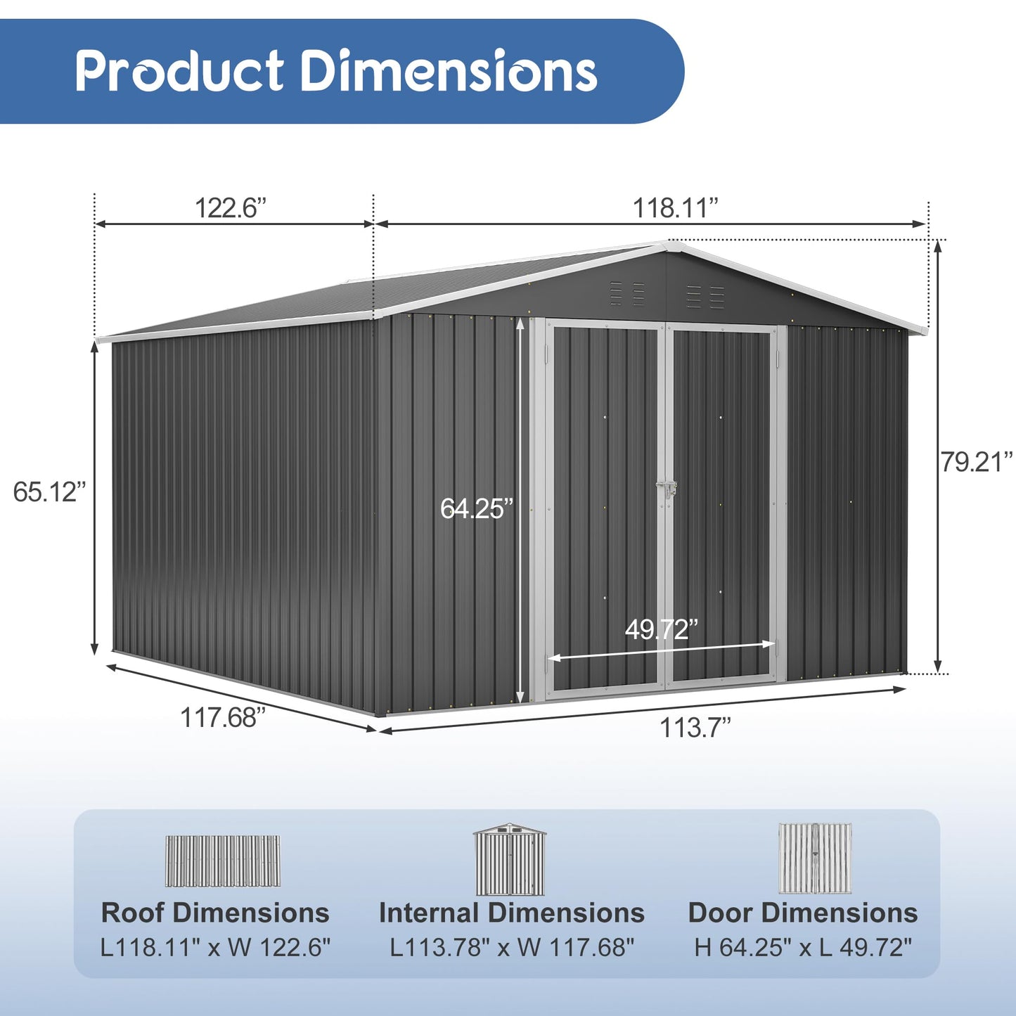 10'x10' Galvanized Steel Outdoor Storage Shed with Lockable Sliding Double French Doors & Top Air Vents, Large Heavy-Duty Garden Tool Shed, Black