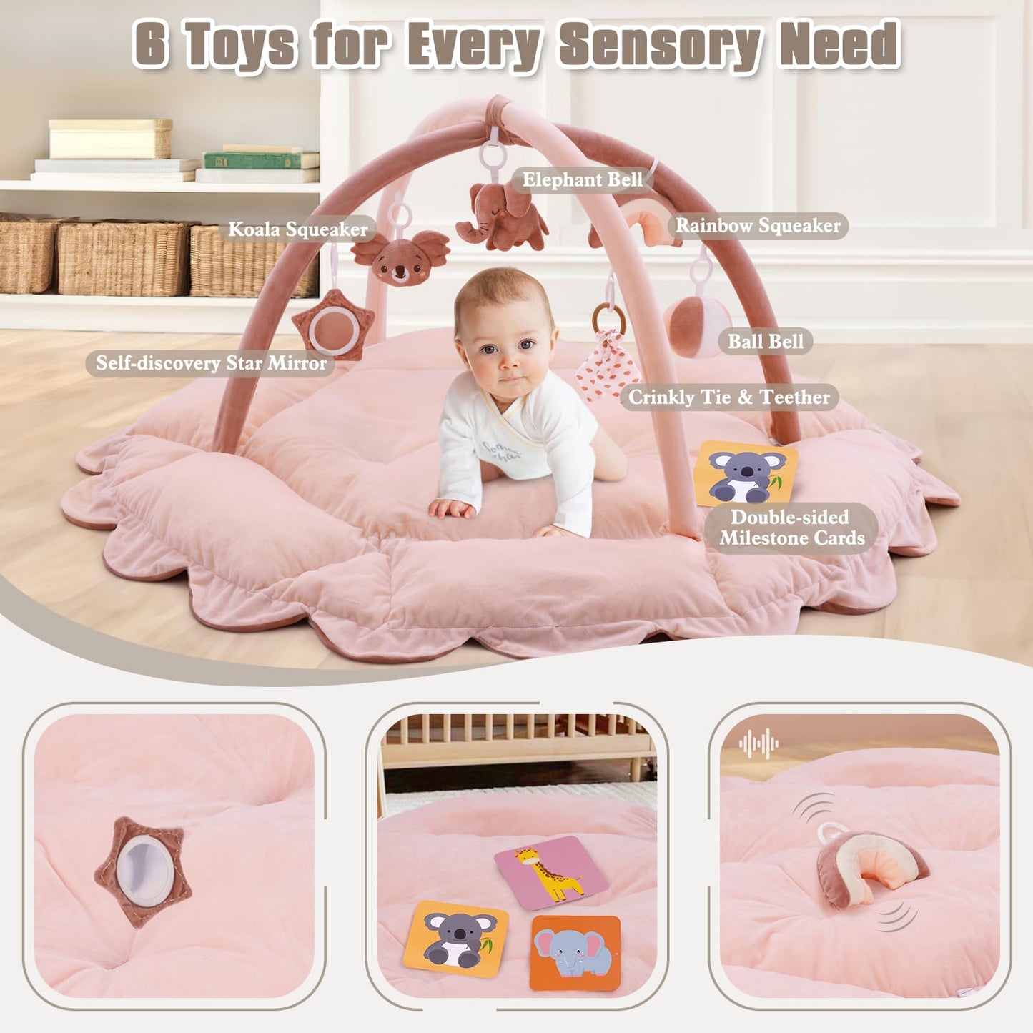 5-in-1 Plush Baby Play Gym, Activity Mat with Convertible Gym, Baby Gym 6 Sensory Toys, Play Center for Newborn to Toddler, Pink