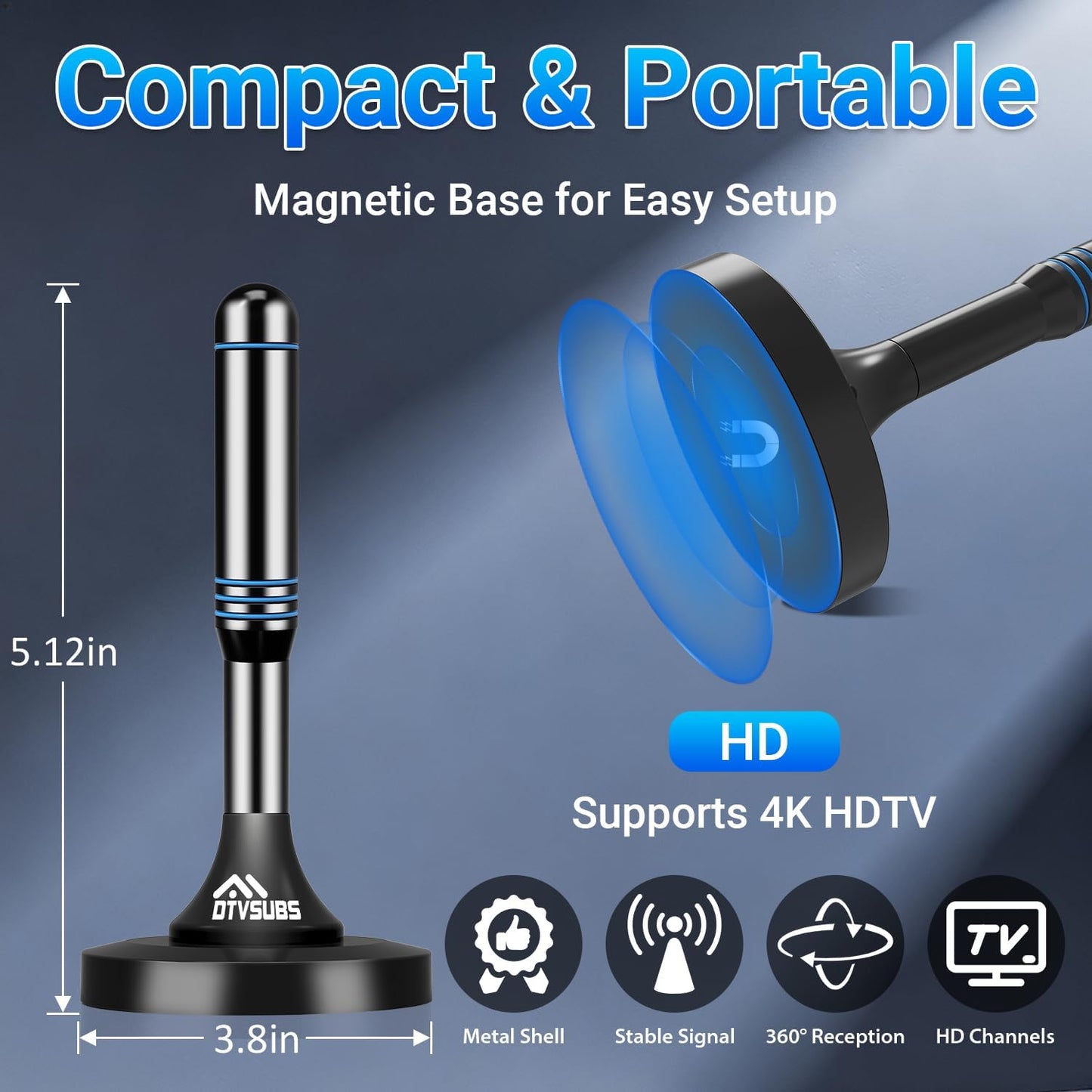 DTVSUBS 2026 360 4K 1080P Digital TV Antenna for Smart TV Indoor, Long Range Reception for Local Channels, HDTV Antenna