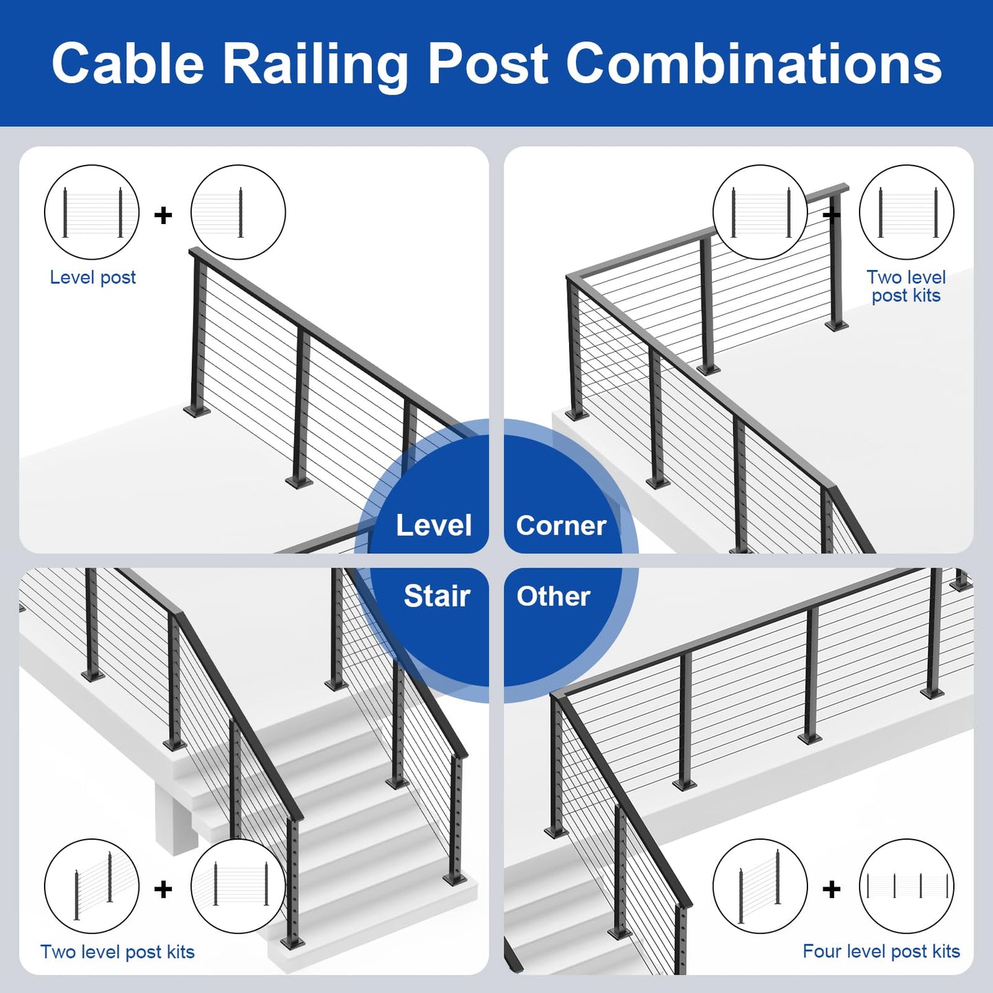 BLIKA 12FT-20FT Complete Set 42" Cable Railing Post Kit, Black Level Drilled Cable Railing Post, Swageless Cable Railing System Include 4Pack Level Posts, 1/8" 300FT Stainless Steel Cable(No Handrail)