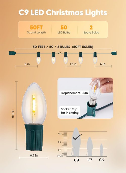 Minetom C9 LED Christmas Lights - 50 Feet Warm White String Lights for Indoor/Outdoor Holiday Decor
