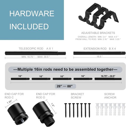 Byondeth Adjustable Curtain Rods - 16 to 88 Inches, 1 Inch Diameter, Black with Aluminium Finials | 2 Pack